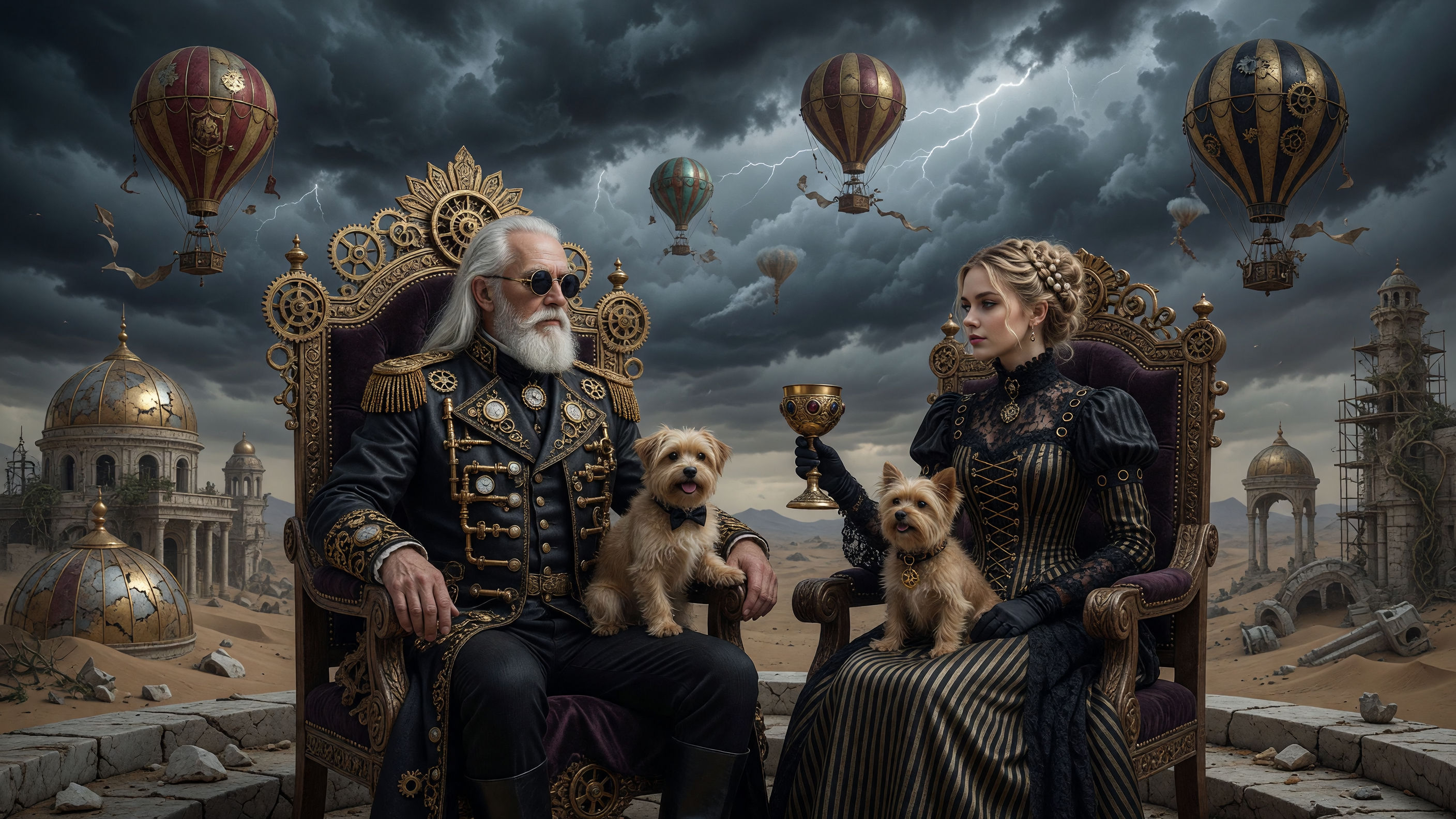 Cinematic photorealistic digital illustration of an elderly man with long white hair, beard, and round black sunglasses wearing an ornate black leather and gold-embellished Victorian steampunk coat with brass buttons and gears, seated regally on an elaborately carved golden throne, a fluffy light-brown terrier dog sitting on his lap, beside him a young woman with elegant blonde updo hair wearing a high-collared black-and-gold striped Victorian gown with corset and lace details, holding a golden chalice, another matching terrier on her lap, both thrones heavily decorated with intricate gold filigree and dark upholstery against a dramatic stormy sky filled with multiple vintage hot air balloons, fantastical domed and ruined architecture in a desolate desert landscape, dark moody color palette of deep grays, blacks, golds and muted earth tones, volumetric lighting, highly detailed textures, epic fantasy atmosphere, ultra-realistic rendering, 8k resolution, cinematic composition.