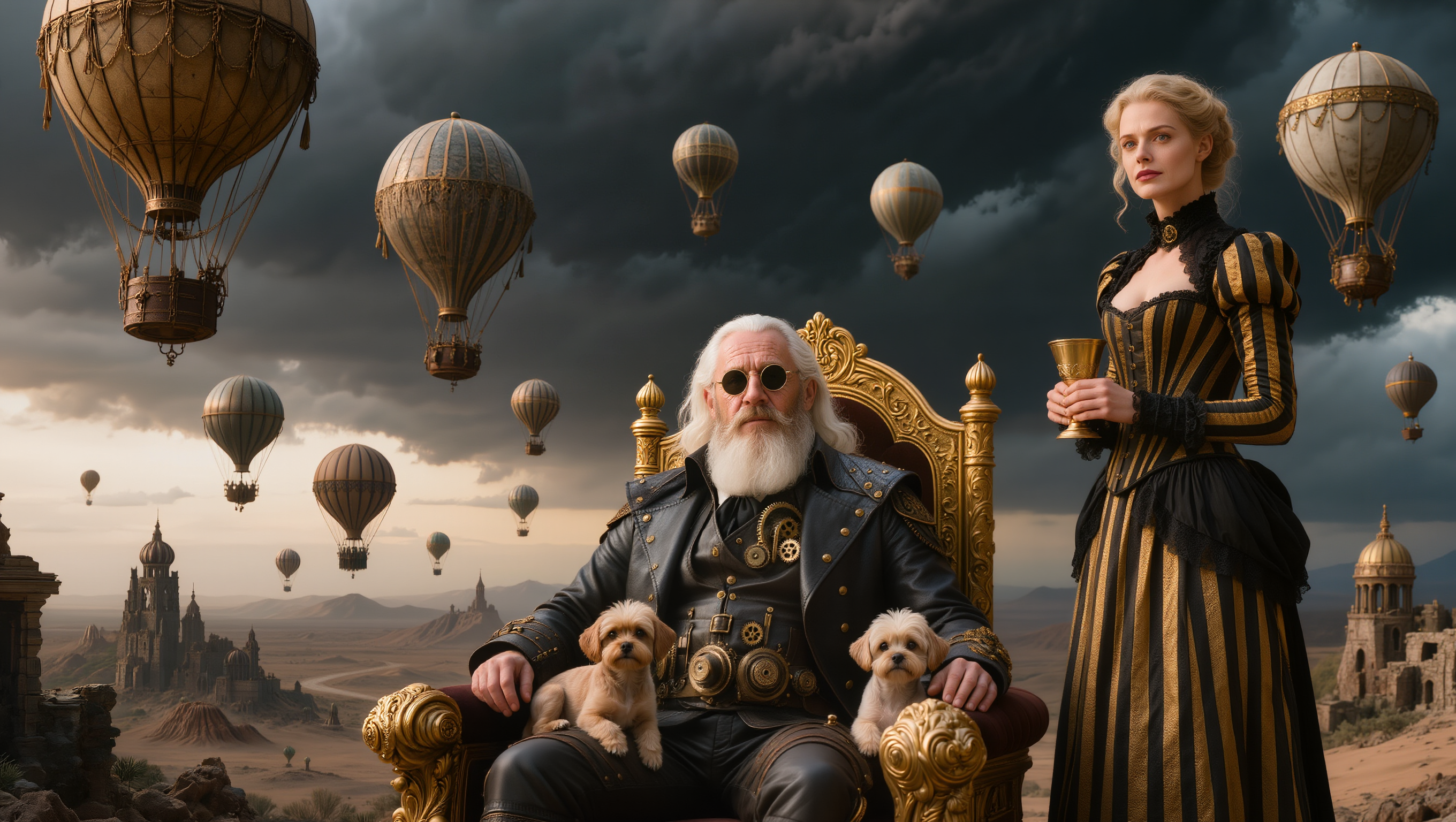 Cinematic photorealistic digital illustration of an elderly man with long white hair, beard, and round black sunglasses wearing an ornate black leather and gold-embellished Victorian steampunk coat with brass buttons and gears, seated regally on an elaborately carved golden throne, a fluffy light-brown terrier dog sitting on his lap, beside him a young woman with elegant blonde updo hair wearing a high-collared black-and-gold striped Victorian gown with corset and lace details, holding a golden chalice, another matching terrier on her lap, both thrones heavily decorated with intricate gold filigree and dark upholstery against a dramatic stormy sky filled with multiple vintage hot air balloons, fantastical domed and ruined architecture in a desolate desert landscape, dark moody color palette of deep grays, blacks, golds and muted earth tones, volumetric lighting, highly detailed textures, epic fantasy atmosphere, ultra-realistic rendering, 8k resolution, cinematic composition.