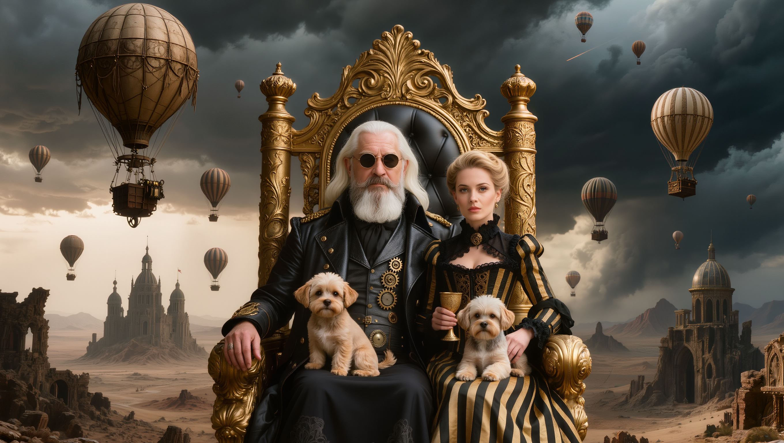 Cinematic photorealistic digital illustration of an elderly man with long white hair, beard, and round black sunglasses wearing an ornate black leather and gold-embellished Victorian steampunk coat with brass buttons and gears, seated regally on an elaborately carved golden throne, a fluffy light-brown terrier dog sitting on his lap, beside him a young woman with elegant blonde updo hair wearing a high-collared black-and-gold striped Victorian gown with corset and lace details, holding a golden chalice, another matching terrier on her lap, both thrones heavily decorated with intricate gold filigree and dark upholstery against a dramatic stormy sky filled with multiple vintage hot air balloons, fantastical domed and ruined architecture in a desolate desert landscape, dark moody color palette of deep grays, blacks, golds and muted earth tones, volumetric lighting, highly detailed textures, epic fantasy atmosphere, ultra-realistic rendering, 8k resolution, cinematic composition.