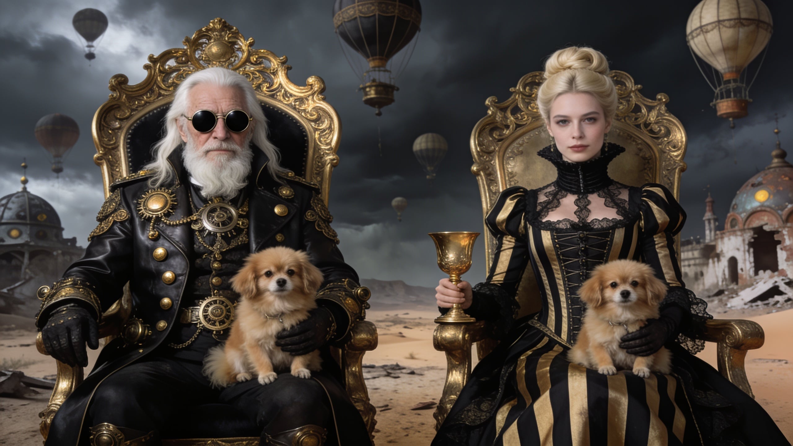 Cinematic photorealistic digital illustration of an elderly man with long white hair, beard, and round black sunglasses wearing an ornate black leather and gold-embellished Victorian steampunk coat with brass buttons and gears, seated regally on an elaborately carved golden throne, a fluffy light-brown terrier dog sitting on his lap, beside him a young woman with elegant blonde updo hair wearing a high-collared black-and-gold striped Victorian gown with corset and lace details, holding a golden chalice, another matching terrier on her lap, both thrones heavily decorated with intricate gold filigree and dark upholstery against a dramatic stormy sky filled with multiple vintage hot air balloons, fantastical domed and ruined architecture in a desolate desert landscape, dark moody color palette of deep grays, blacks, golds and muted earth tones, volumetric lighting, highly detailed textures, epic fantasy atmosphere, ultra-realistic rendering, 8k resolution, cinematic composition.