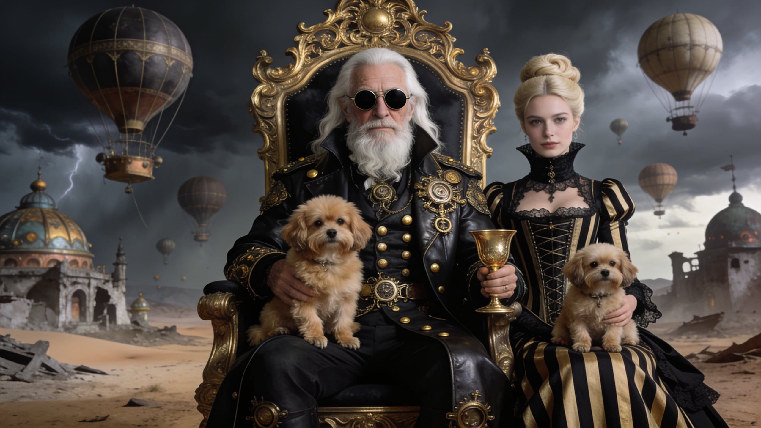 Cinematic photorealistic digital illustration of an elderly man with long white hair, beard, and round black sunglasses wearing an ornate black leather and gold-embellished Victorian steampunk coat with brass buttons and gears, seated regally on an elaborately carved golden throne, a fluffy light-brown terrier dog sitting on his lap, beside him a young woman with elegant blonde updo hair wearing a high-collared black-and-gold striped Victorian gown with corset and lace details, holding a golden chalice, another matching terrier on her lap, both thrones heavily decorated with intricate gold filigree and dark upholstery against a dramatic stormy sky filled with multiple vintage hot air balloons, fantastical domed and ruined architecture in a desolate desert landscape, dark moody color palette of deep grays, blacks, golds and muted earth tones, volumetric lighting, highly detailed textures, epic fantasy atmosphere, ultra-realistic rendering, 8k resolution, cinematic composition.
