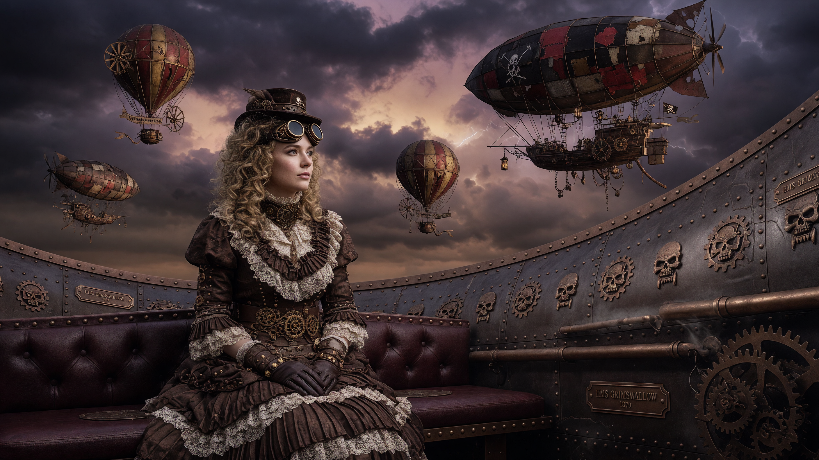 A highly detailed cinematic digital illustration in a dark steampunk Victorian style, featuring a young woman with voluminous curly blonde hair and brass goggles perched on her forehead, seated regally beside an enormous ornate metallic airship hull. She wears an elaborate high-collared, ruffled brown dress with intricate lace and fabric textures, long gloves, and a wide belt, her hands clasped in her lap as she gazes thoughtfully into the distance. The massive riveted and gear-adorned hull beside her features embossed skulls, pipes, and polished bronze details with a tufted leather seat. The dramatic sky is filled with heavy storm clouds under twilight lighting, populated by multiple floating steampunk hot air balloons and airships with tattered sails and intricate frameworks. Moody atmospheric lighting, rich sepia and bronze color palette with deep shadows, ultra-realistic textures, intricate details, cinematic composition, photorealistic rendering, dark fantasy aesthetic.