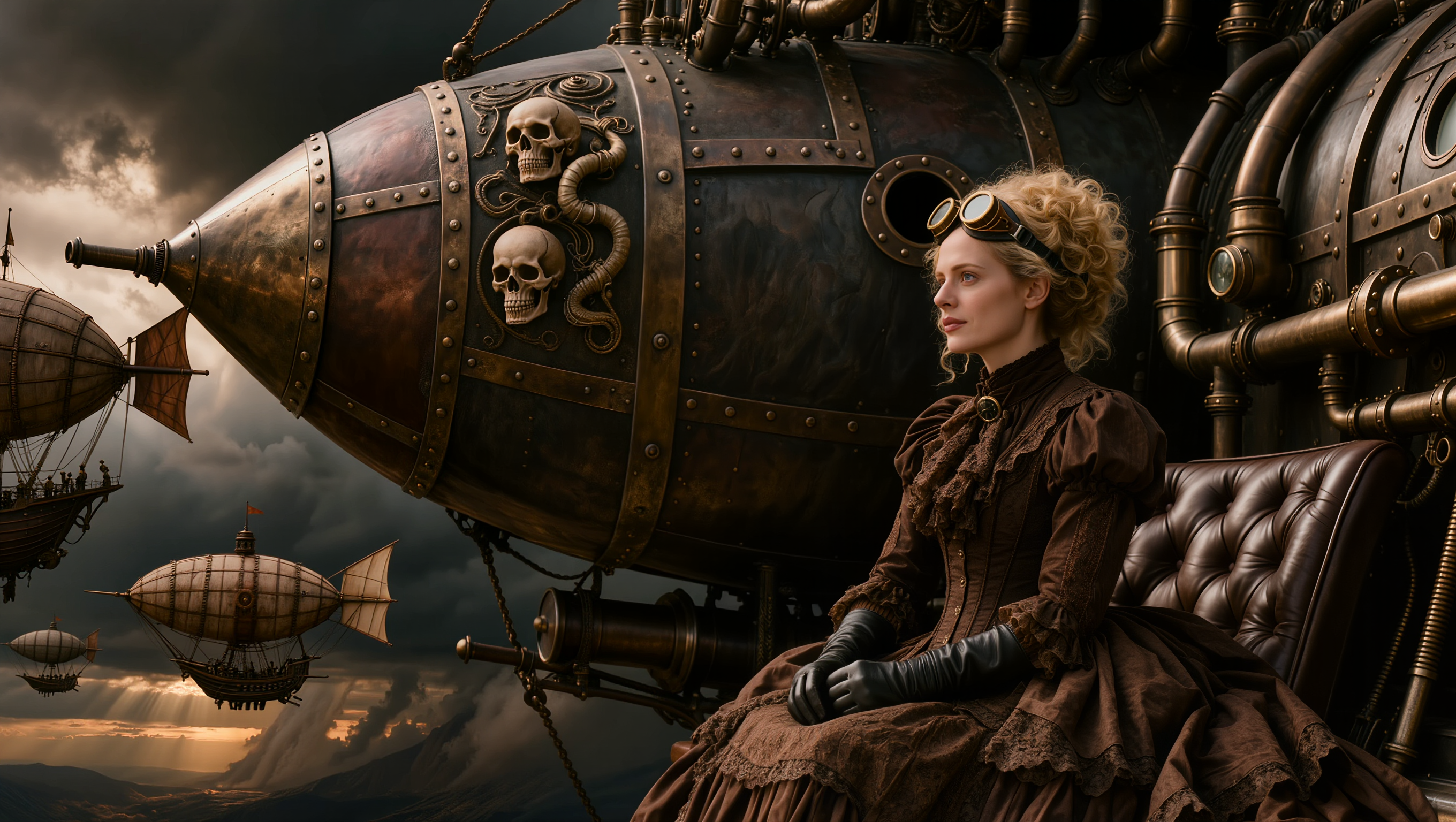 A highly detailed cinematic digital illustration in a dark steampunk Victorian style, featuring a young woman with voluminous curly blonde hair and brass goggles perched on her forehead, seated regally beside an enormous ornate metallic airship hull. She wears an elaborate high-collared, ruffled brown dress with intricate lace and fabric textures, long gloves, and a wide belt, her hands clasped in her lap as she gazes thoughtfully into the distance. The massive riveted and gear-adorned hull beside her features embossed skulls, pipes, and polished bronze details with a tufted leather seat. The dramatic sky is filled with heavy storm clouds under twilight lighting, populated by multiple floating steampunk hot air balloons and airships with tattered sails and intricate frameworks. Moody atmospheric lighting, rich sepia and bronze color palette with deep shadows, ultra-realistic textures, intricate details, cinematic composition, photorealistic rendering, dark fantasy aesthetic.