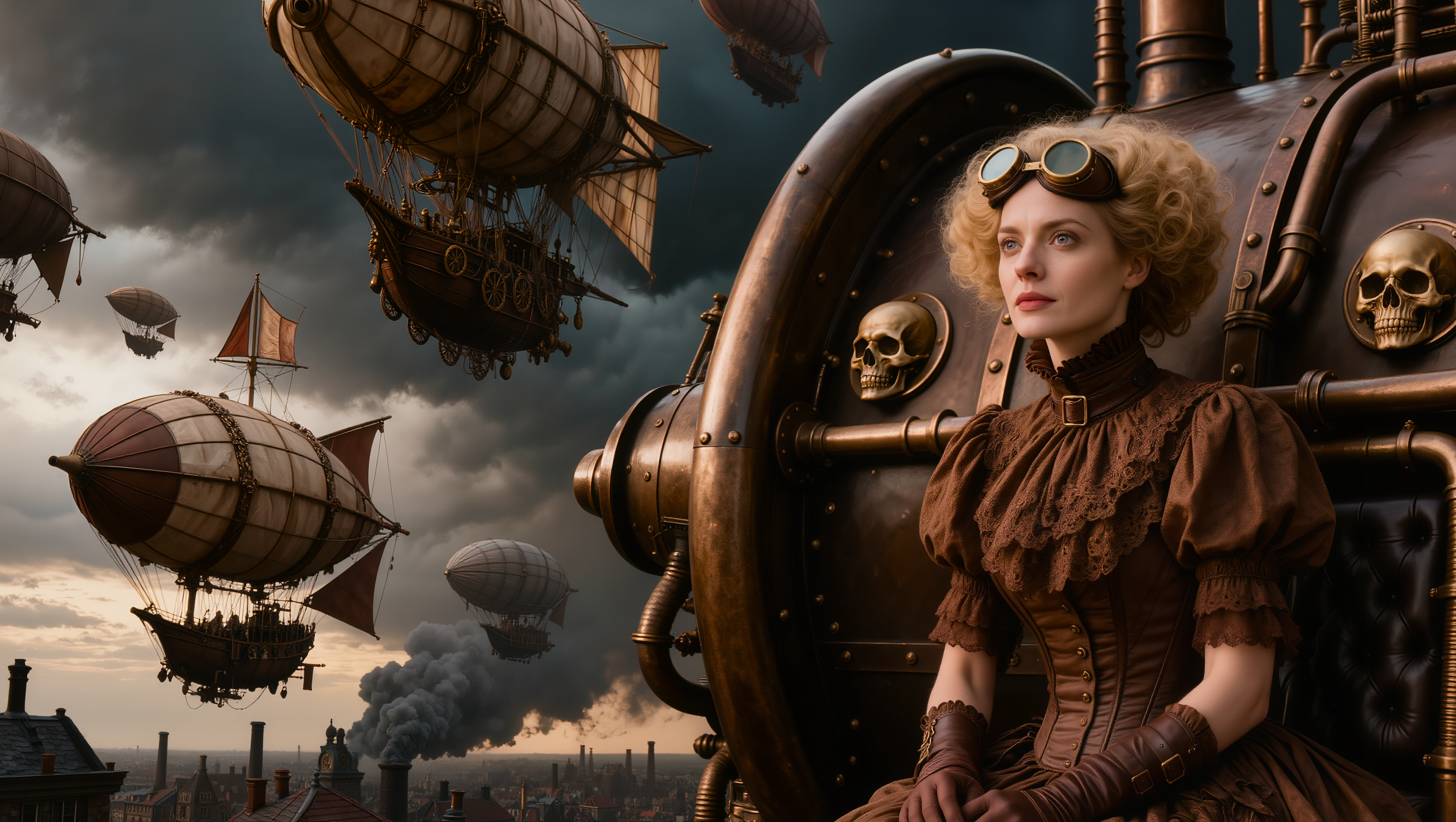 A highly detailed cinematic digital illustration in a dark steampunk Victorian style, featuring a young woman with voluminous curly blonde hair and brass goggles perched on her forehead, seated regally beside an enormous ornate metallic airship hull. She wears an elaborate high-collared, ruffled brown dress with intricate lace and fabric textures, long gloves, and a wide belt, her hands clasped in her lap as she gazes thoughtfully into the distance. The massive riveted and gear-adorned hull beside her features embossed skulls, pipes, and polished bronze details with a tufted leather seat. The dramatic sky is filled with heavy storm clouds under twilight lighting, populated by multiple floating steampunk hot air balloons and airships with tattered sails and intricate frameworks. Moody atmospheric lighting, rich sepia and bronze color palette with deep shadows, ultra-realistic textures, intricate details, cinematic composition, photorealistic rendering, dark fantasy aesthetic.