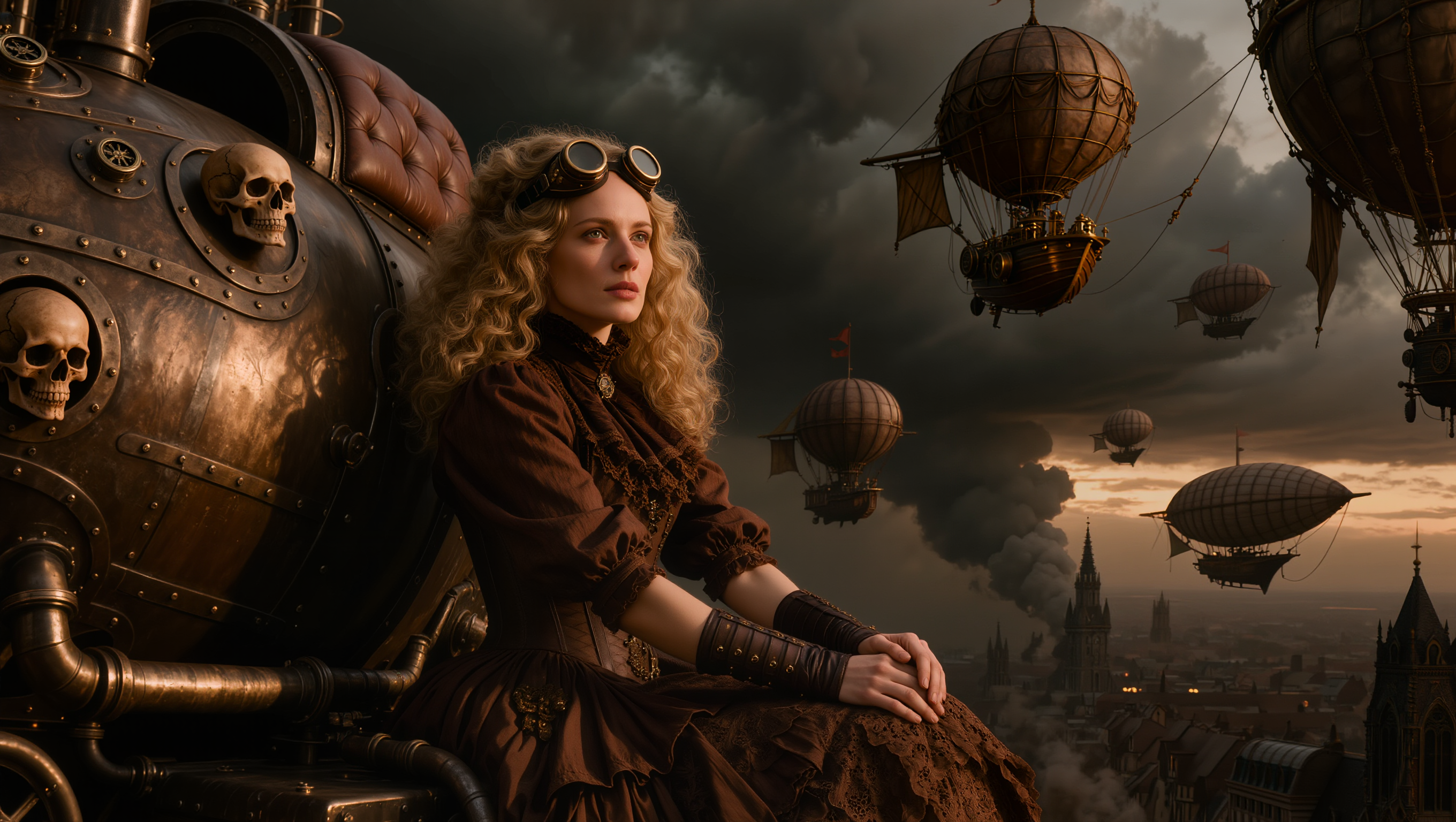 A highly detailed cinematic digital illustration in a dark steampunk Victorian style, featuring a young woman with voluminous curly blonde hair and brass goggles perched on her forehead, seated regally beside an enormous ornate metallic airship hull. She wears an elaborate high-collared, ruffled brown dress with intricate lace and fabric textures, long gloves, and a wide belt, her hands clasped in her lap as she gazes thoughtfully into the distance. The massive riveted and gear-adorned hull beside her features embossed skulls, pipes, and polished bronze details with a tufted leather seat. The dramatic sky is filled with heavy storm clouds under twilight lighting, populated by multiple floating steampunk hot air balloons and airships with tattered sails and intricate frameworks. Moody atmospheric lighting, rich sepia and bronze color palette with deep shadows, ultra-realistic textures, intricate details, cinematic composition, photorealistic rendering, dark fantasy aesthetic.
