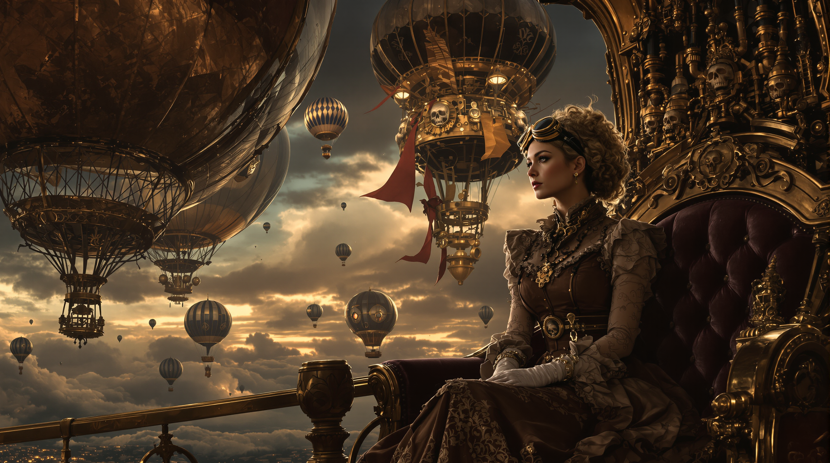 A highly detailed cinematic digital illustration in a dark steampunk Victorian style, featuring a young woman with voluminous curly blonde hair and brass goggles perched on her forehead, seated regally beside an enormous ornate metallic airship hull. She wears an elaborate high-collared, ruffled brown dress with intricate lace and fabric textures, long gloves, and a wide belt, her hands clasped in her lap as she gazes thoughtfully into the distance. The massive riveted and gear-adorned hull beside her features embossed skulls, pipes, and polished bronze details with a tufted leather seat. The dramatic sky is filled with heavy storm clouds under twilight lighting, populated by multiple floating steampunk hot air balloons and airships with tattered sails and intricate frameworks. Moody atmospheric lighting, rich sepia and bronze color palette with deep shadows, ultra-realistic textures, intricate details, cinematic composition, photorealistic rendering, dark fantasy aesthetic.