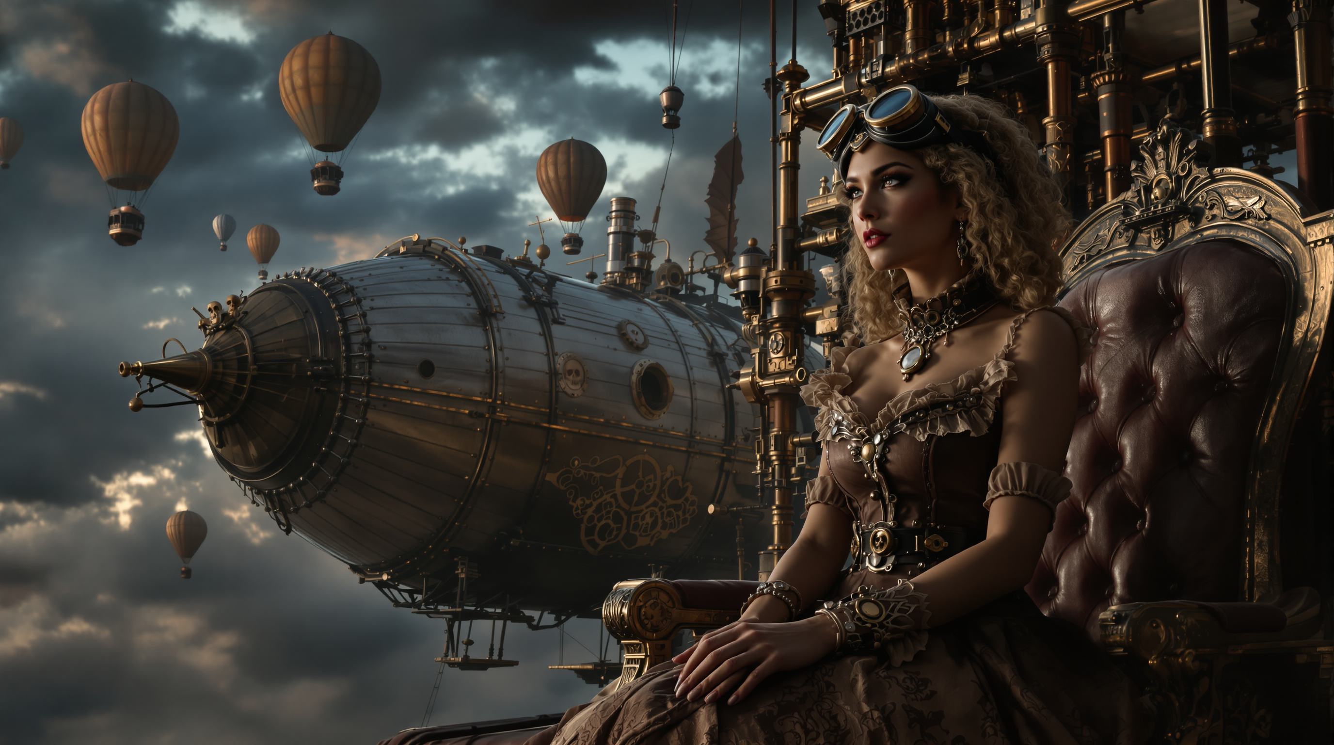 A highly detailed cinematic digital illustration in a dark steampunk Victorian style, featuring a young woman with voluminous curly blonde hair and brass goggles perched on her forehead, seated regally beside an enormous ornate metallic airship hull. She wears an elaborate high-collared, ruffled brown dress with intricate lace and fabric textures, long gloves, and a wide belt, her hands clasped in her lap as she gazes thoughtfully into the distance. The massive riveted and gear-adorned hull beside her features embossed skulls, pipes, and polished bronze details with a tufted leather seat. The dramatic sky is filled with heavy storm clouds under twilight lighting, populated by multiple floating steampunk hot air balloons and airships with tattered sails and intricate frameworks. Moody atmospheric lighting, rich sepia and bronze color palette with deep shadows, ultra-realistic textures, intricate details, cinematic composition, photorealistic rendering, dark fantasy aesthetic.