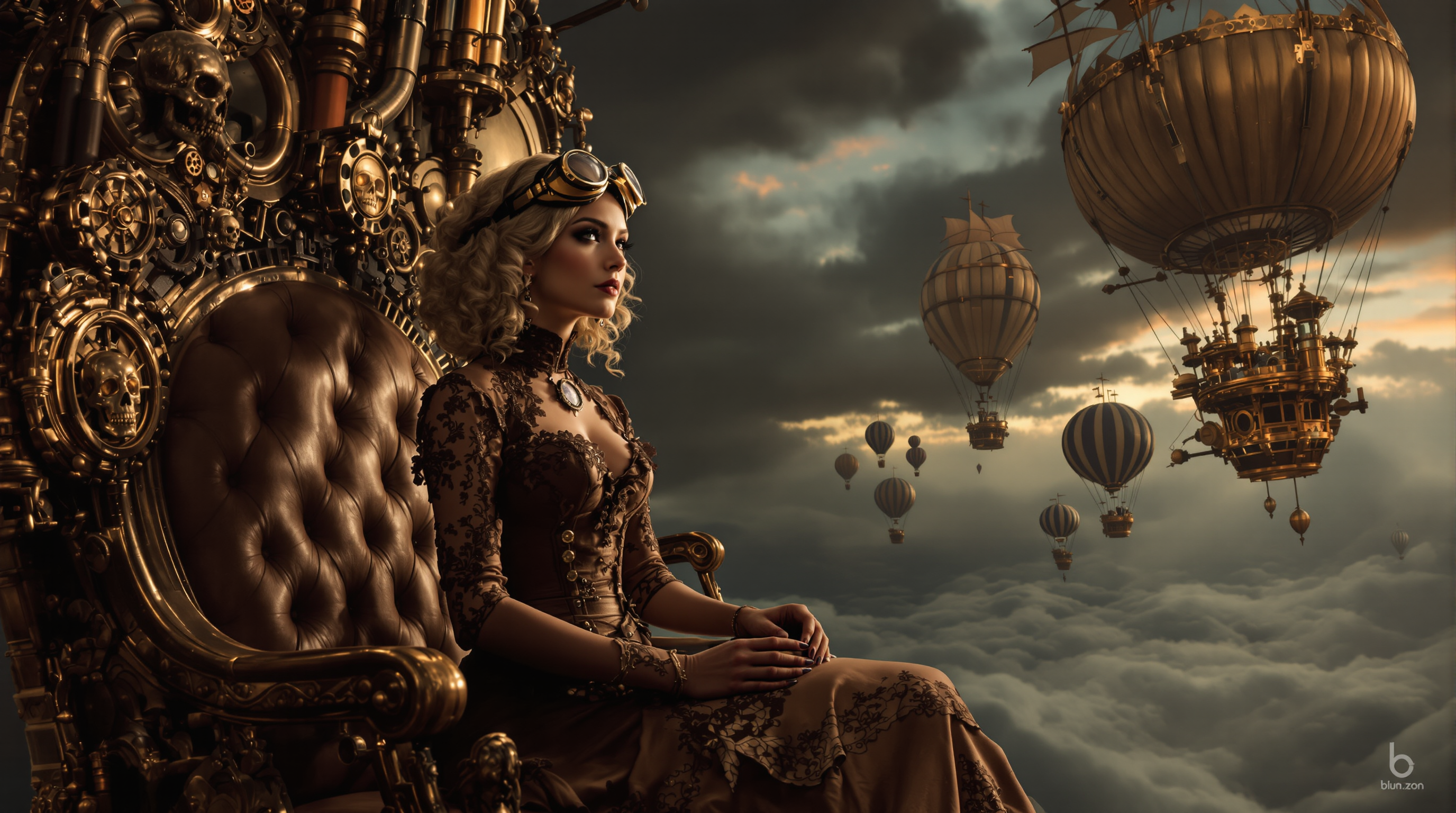 A highly detailed cinematic digital illustration in a dark steampunk Victorian style, featuring a young woman with voluminous curly blonde hair and brass goggles perched on her forehead, seated regally beside an enormous ornate metallic airship hull. She wears an elaborate high-collared, ruffled brown dress with intricate lace and fabric textures, long gloves, and a wide belt, her hands clasped in her lap as she gazes thoughtfully into the distance. The massive riveted and gear-adorned hull beside her features embossed skulls, pipes, and polished bronze details with a tufted leather seat. The dramatic sky is filled with heavy storm clouds under twilight lighting, populated by multiple floating steampunk hot air balloons and airships with tattered sails and intricate frameworks. Moody atmospheric lighting, rich sepia and bronze color palette with deep shadows, ultra-realistic textures, intricate details, cinematic composition, photorealistic rendering, dark fantasy aesthetic.