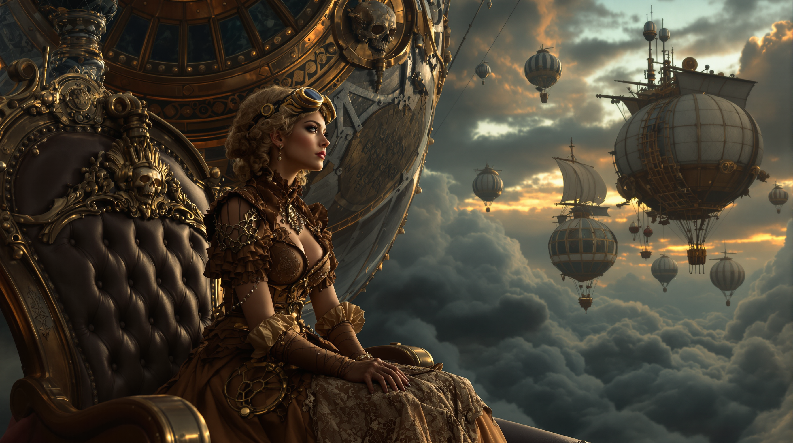 A highly detailed cinematic digital illustration in a dark steampunk Victorian style, featuring a young woman with voluminous curly blonde hair and brass goggles perched on her forehead, seated regally beside an enormous ornate metallic airship hull. She wears an elaborate high-collared, ruffled brown dress with intricate lace and fabric textures, long gloves, and a wide belt, her hands clasped in her lap as she gazes thoughtfully into the distance. The massive riveted and gear-adorned hull beside her features embossed skulls, pipes, and polished bronze details with a tufted leather seat. The dramatic sky is filled with heavy storm clouds under twilight lighting, populated by multiple floating steampunk hot air balloons and airships with tattered sails and intricate frameworks. Moody atmospheric lighting, rich sepia and bronze color palette with deep shadows, ultra-realistic textures, intricate details, cinematic composition, photorealistic rendering, dark fantasy aesthetic.