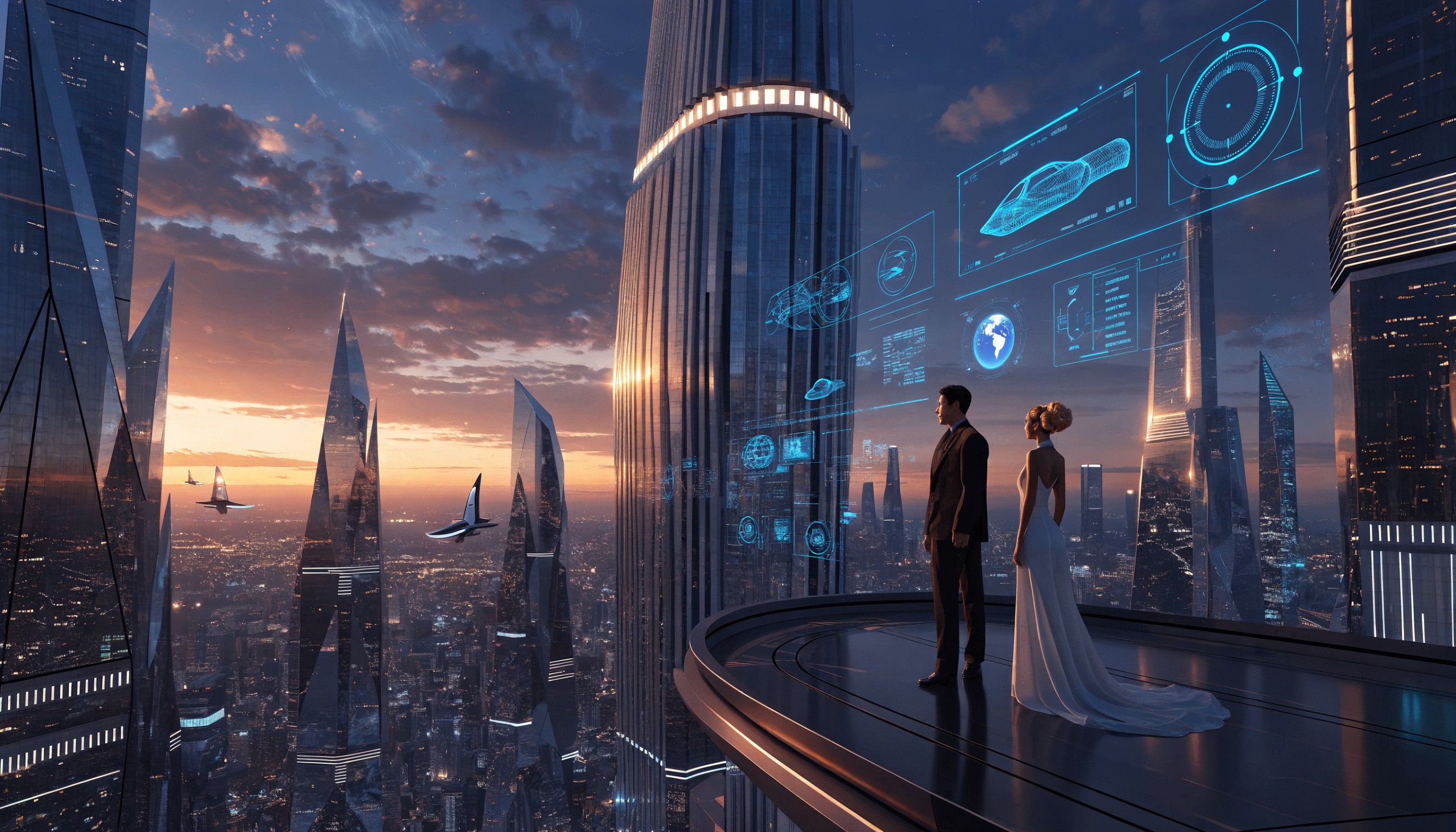 Cinematic photorealistic digital concept art of a breathtaking futuristic cityscape at twilight, a sophisticated man in a dark tailored suit and an elegant woman in a flowing white backless gown with golden updo hairstyle standing on a sleek elevated observation platform overlooking a sprawling neon-lit megacity of towering crystalline skyscrapers, floating holographic interfaces displaying glowing cyan circular schematics, wireframe vehicles, data readouts, and a luminous blue holographic Earth globe, sleek flying aircraft hovering in the distance, dramatic golden-orange sunset sky fading into deep indigo, reflective glass surfaces, intricate architectural details, atmospheric depth, ultra-detailed, high dynamic range lighting, epic sci-fi atmosphere, 8k resolution, masterpiece, in the style of futuristic cinematic renderings by artists like Syd Mead and Beeple.