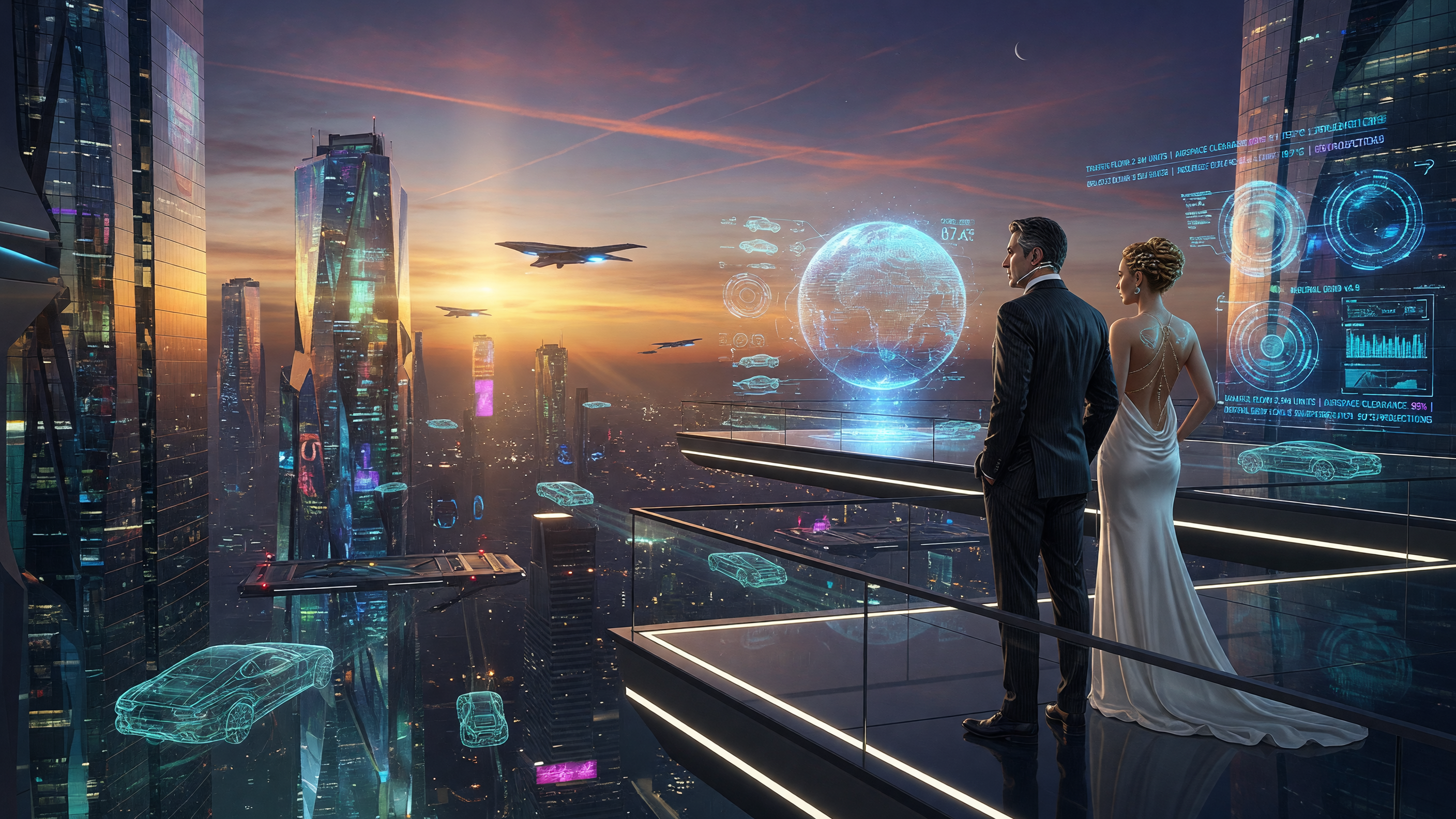 Cinematic photorealistic digital concept art of a breathtaking futuristic cityscape at twilight, a sophisticated man in a dark tailored suit and an elegant woman in a flowing white backless gown with golden updo hairstyle standing on a sleek elevated observation platform overlooking a sprawling neon-lit megacity of towering crystalline skyscrapers, floating holographic interfaces displaying glowing cyan circular schematics, wireframe vehicles, data readouts, and a luminous blue holographic Earth globe, sleek flying aircraft hovering in the distance, dramatic golden-orange sunset sky fading into deep indigo, reflective glass surfaces, intricate architectural details, atmospheric depth, ultra-detailed, high dynamic range lighting, epic sci-fi atmosphere, 8k resolution, masterpiece, in the style of futuristic cinematic renderings by artists like Syd Mead and Beeple.