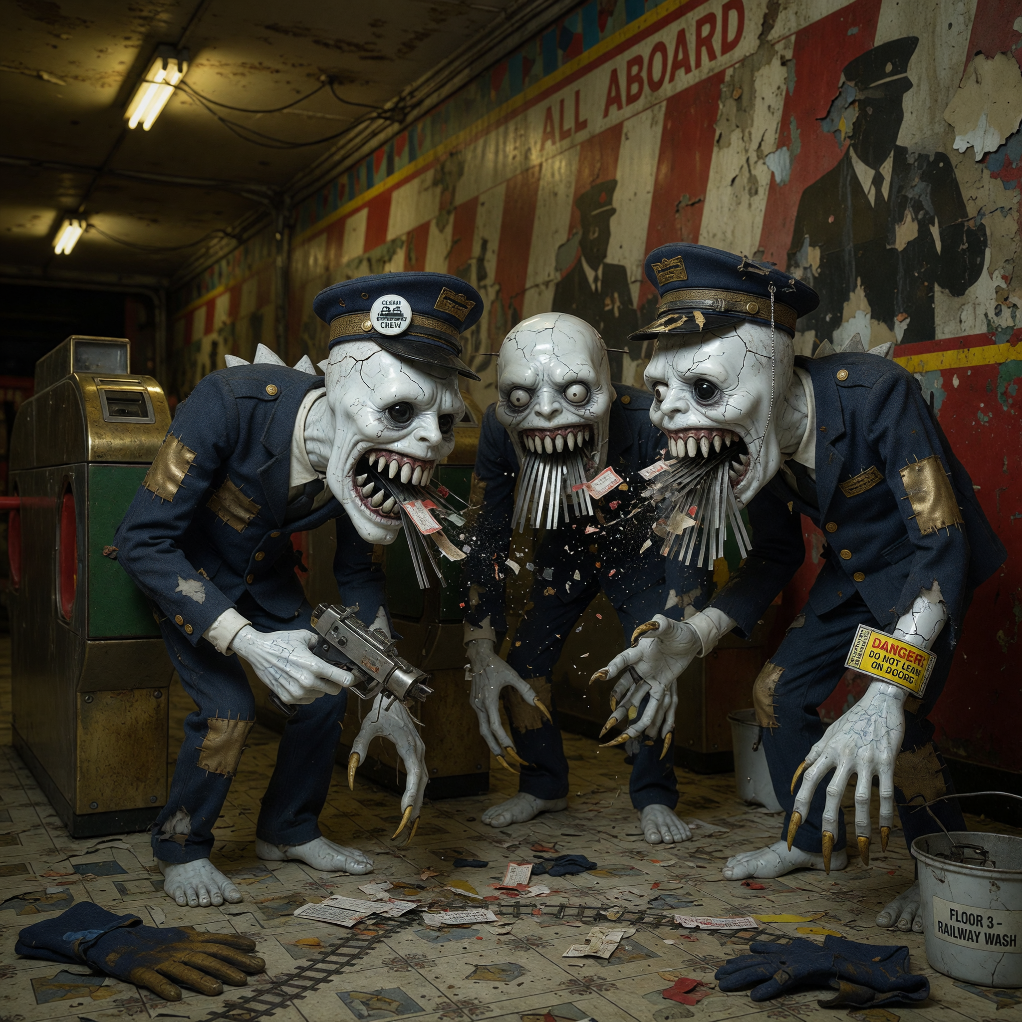 hunched, emaciated white creatures in tattered conductor suits and janitor hats, their serrated nails and chattering shredder mouths marking them as deadly hazards. Their design emphasizes grotesque, porcelain-clinking menace tailored to the train-themed floor.