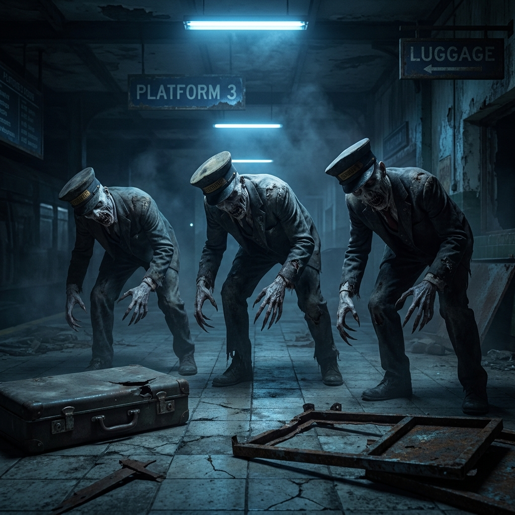 Hunched emaciated white creatures shuffle forward with predatory intent across a dimly lit train station floor, dressed in tattered conductor suits and stained janitor hats while their serrated nails scrape the tiles and their shredder mouths chatter with a porcelain-clinking menace. Their skeletal frames and grotesque proportions mark them as lethal hazards perfectly adapted to the rusted rails, scattered luggage, and faded station signage surrounding them. Cool blue emergency lighting cuts through drifting dust motes, casting harsh shadows that emphasize every cracked surface and torn fabric in a photorealistic horror style, captured from a low-angle close perspective with shallow depth of field.