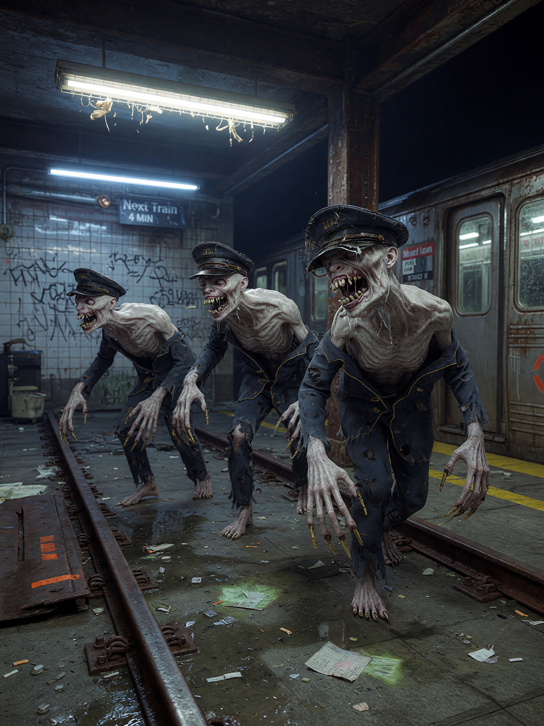 Hunched and emaciated white creatures prowl forward with predatory intent across the worn concrete and steel rails of a dimly lit subway platform, their skeletal frames clad in tattered conductor suits and grease-stained janitor hats. Serrated nails extend from bony fingers while shredder mouths chatter with a porcelain-clinking menace, every cracked pale surface and frayed fabric detail emphasizing their grotesque, rail-themed horror. Cold fluorescent lighting mixed with deep shadows accentuates the wet textures of their skin and the metallic glint of their claws against rusted train fixtures, rendered in photorealistic detail with shallow depth of field.