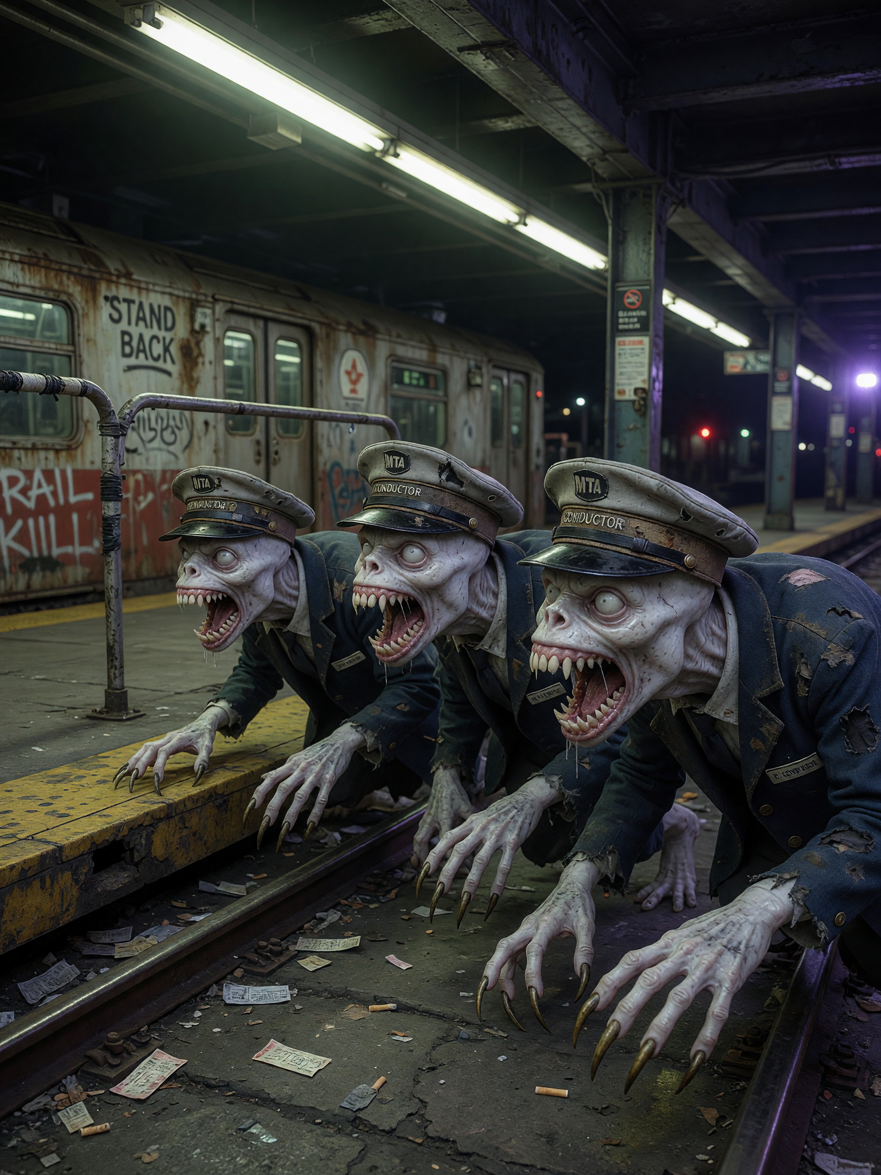 Hunched and emaciated white creatures prowl forward with predatory intent across the worn concrete and steel rails of a dimly lit subway platform, their skeletal frames clad in tattered conductor suits and grease-stained janitor hats. Serrated nails extend from bony fingers while shredder mouths chatter with a porcelain-clinking menace, every cracked pale surface and frayed fabric detail emphasizing their grotesque, rail-themed horror. Cold fluorescent lighting mixed with deep shadows accentuates the wet textures of their skin and the metallic glint of their claws against rusted train fixtures, rendered in photorealistic detail with shallow depth of field.
