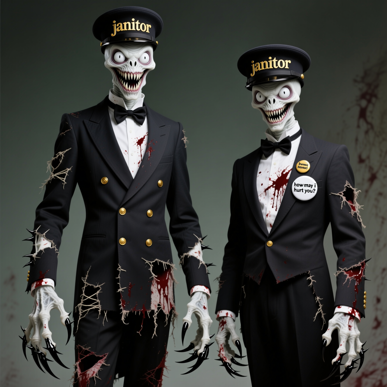 A white emaciated creature that's 7 feet tall with arms that drag to the ground with serrated black fingernails that clink like porcelain. the face is all sharp teeth with bulging white eyes. the creatures are wearing tattered threadbare double-breasted suits with golden buttons. under the dark suits are white blood-splattered dress shirts. one has a bow tie both are wearing conductor style hats with golden letters across that read "janitor". the one without the bow tie has a pin back button on his breast that reads "how may i hurt you?".