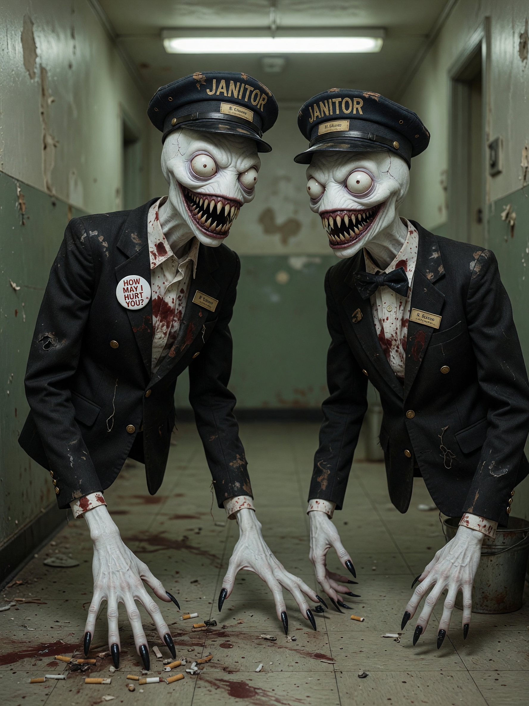 A white emaciated creature that's 7 feet tall with arms that drag to the ground with serrated black fingernails that clink like porcelain. the face is all sharp teeth with bulging white eyes. the creatures are wearing tattered threadbare double-breasted suits with golden buttons. under the dark suits are white blood-splattered dress shirts. one has a bow tie both are wearing conductor style hats with golden letters across that read "janitor". the one without the bow tie has a pin back button on his breast that reads "how may i hurt you?".