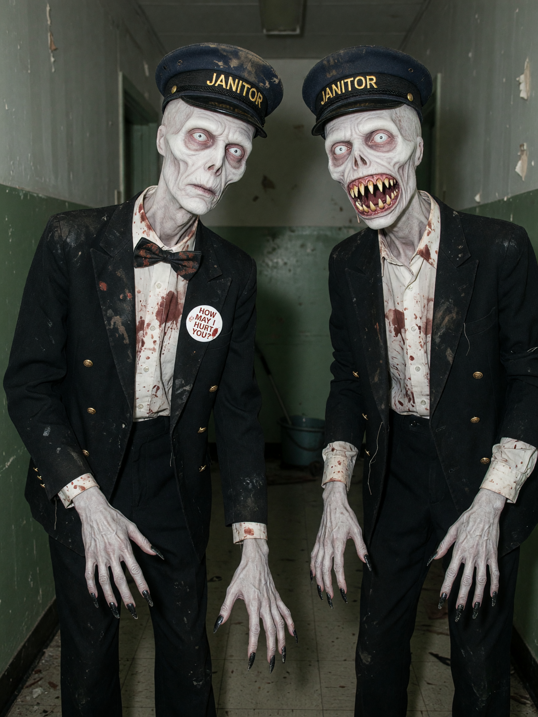A white emaciated creature that's 7 feet tall with arms that drag to the ground with serrated black fingernails that clink like porcelain. the face is all sharp teeth with bulging white eyes. the creatures are wearing tattered threadbare double-breasted suits with golden buttons. under the dark suits are white blood-splattered dress shirts. one has a bow tie both are wearing conductor style hats with golden letters across that read "janitor". the one without the bow tie has a pin back button on his breast that reads "how may i hurt you?".