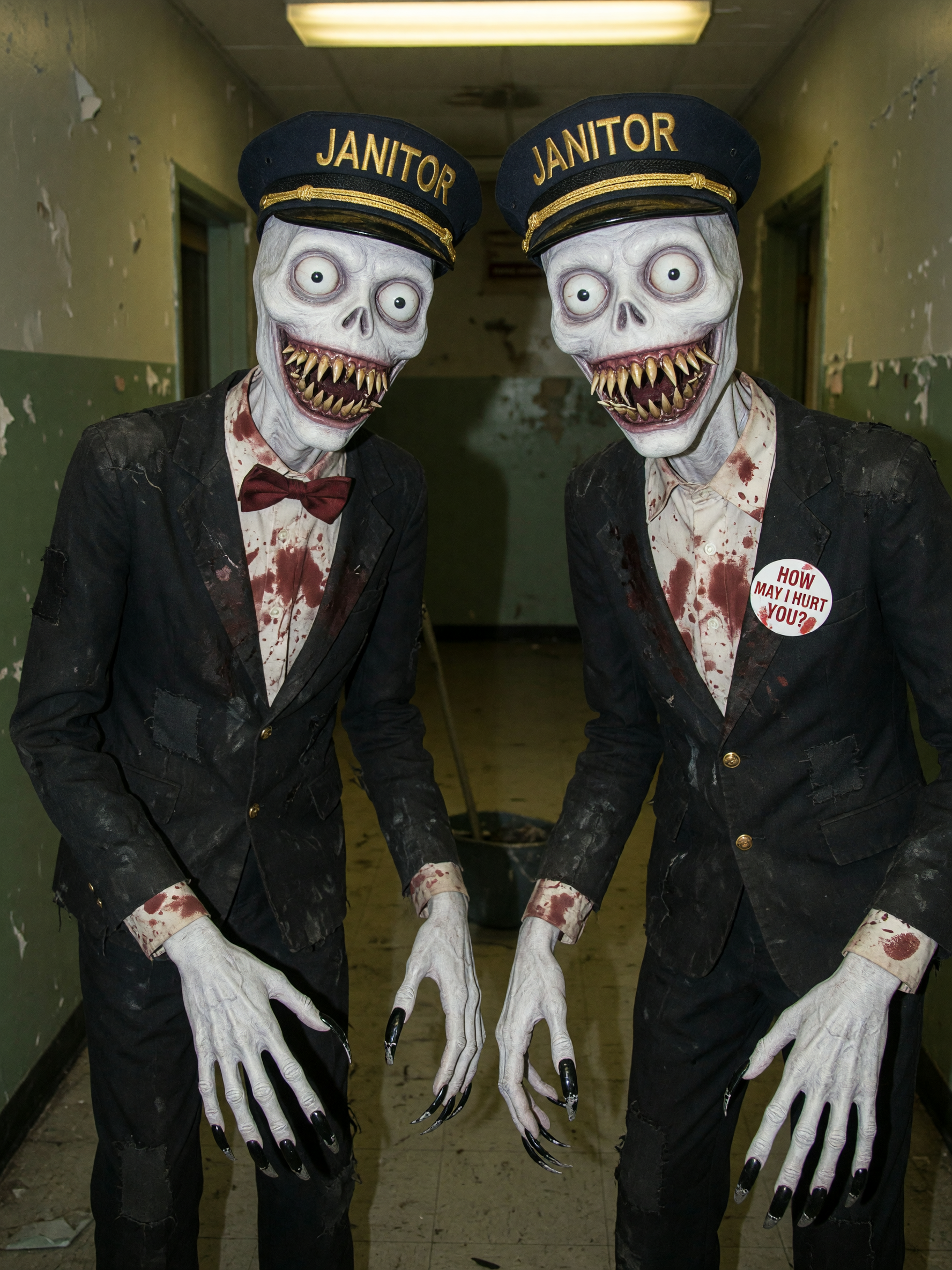 A white emaciated creature that's 7 feet tall with arms that drag to the ground with serrated black fingernails that clink like porcelain. the face is all sharp teeth with bulging white eyes. the creatures are wearing tattered threadbare double-breasted suits with golden buttons. under the dark suits are white blood-splattered dress shirts. one has a bow tie both are wearing conductor style hats with golden letters across that read "janitor". the one without the bow tie has a pin back button on his breast that reads "how may i hurt you?".