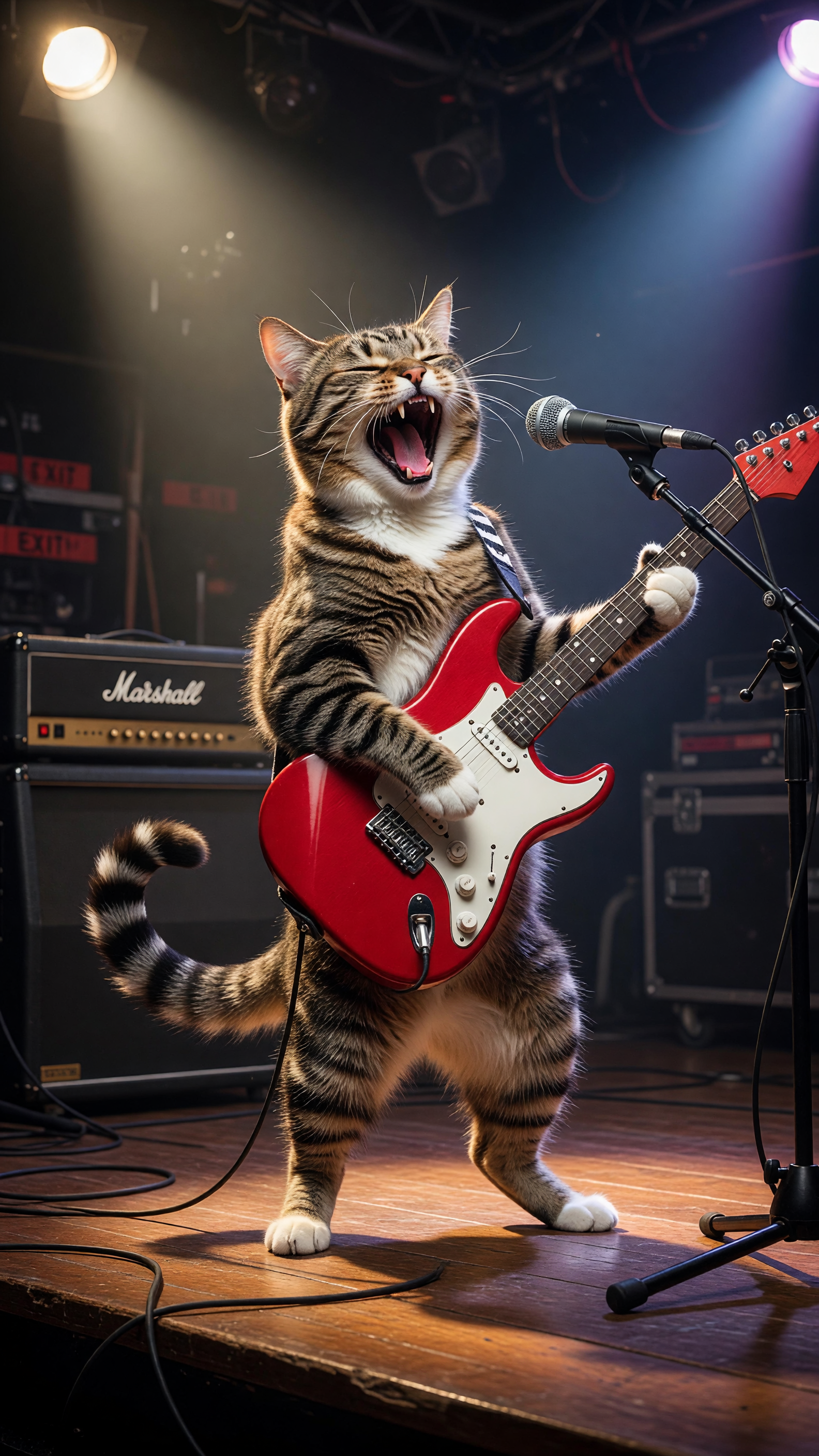 A highly detailed cinematic photograph of an energetic anthropomorphic tabby cat standing upright on its hind legs on a polished wooden stage, mouth wide open in a fierce rock-and-roll yowl revealing sharp teeth and pink tongue, eyes squinted with intensity, white chest and paws contrasting with brown-black striped fur, holding a glossy red electric guitar with white pickguard and black hardware, one paw strumming the strings while the other grips the fretboard, guitar strap over its shoulder, dynamic pose with tail curled, professional stage microphone on a stand positioned to the right, large studio spotlight casting dramatic rim lighting from the upper left, black amplifier with gold logo visible in the background, coiled black cables on the floor, moody dark studio backdrop with subtle equipment silhouettes, vibrant colors, sharp focus, photorealistic textures, high contrast lighting, 8k resolution, cinematic composition.