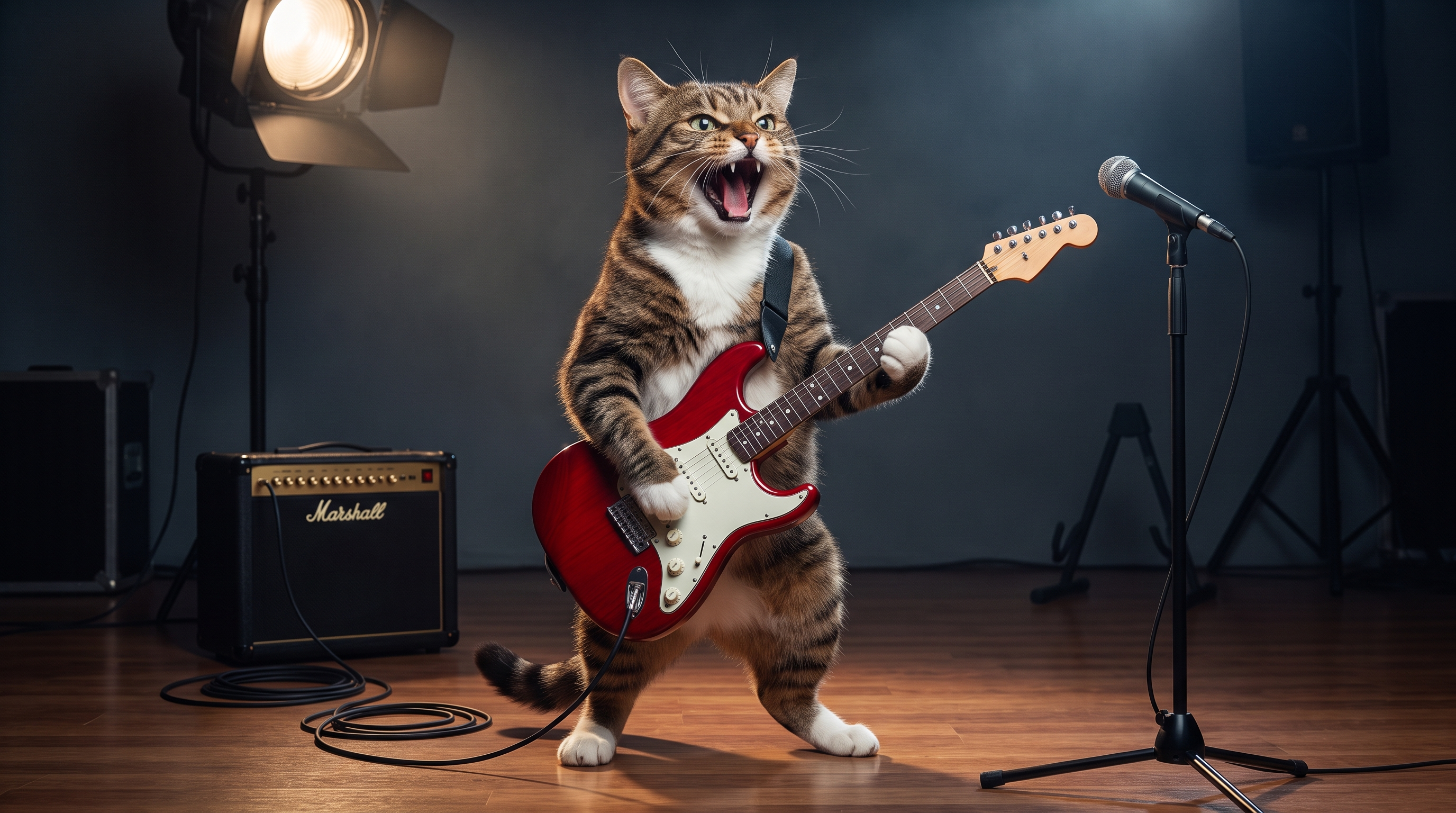 A highly detailed cinematic photograph of an energetic anthropomorphic tabby cat standing upright on its hind legs on a polished wooden stage, mouth wide open in a fierce rock-and-roll yowl revealing sharp teeth and pink tongue, eyes squinted with intensity, white chest and paws contrasting with brown-black striped fur, holding a glossy red electric guitar with white pickguard and black hardware, one paw strumming the strings while the other grips the fretboard, guitar strap over its shoulder, dynamic pose with tail curled, professional stage microphone on a stand positioned to the right, large studio spotlight casting dramatic rim lighting from the upper left, black amplifier with gold logo visible in the background, coiled black cables on the floor, moody dark studio backdrop with subtle equipment silhouettes, vibrant colors, sharp focus, photorealistic textures, high contrast lighting, 8k resolution, cinematic composition.