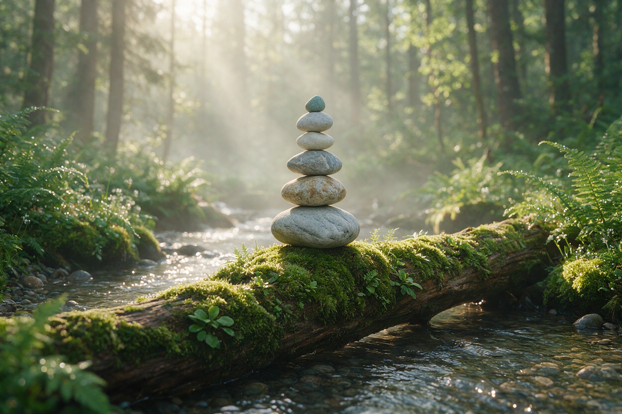 A stack of smooth river stones balanced on a mossy log in a forest stream, soft morning mist, shallow depth of field, photoreal