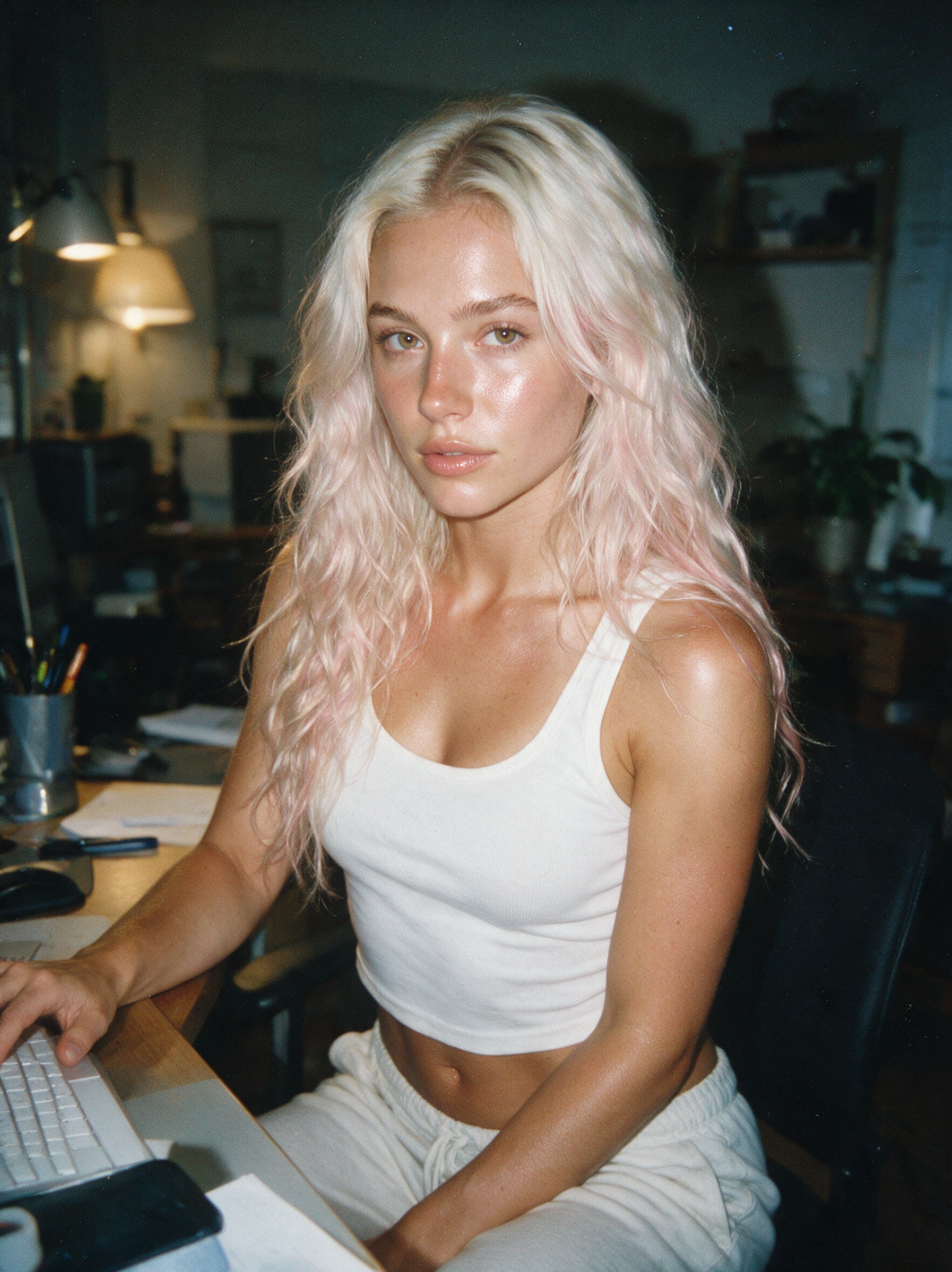 close-up of “Lola Bennett”, wearing a simple blouse and pants, at desk, blurry home office background, American origin, focused face, full body portrait, beautiful, 24 years old, (natural makeup, natural eyebrows, natural lips:1.3), glowing golden skin, high energy, long wavy platinum blonde hair and a hint of pink, natural textured skin, looking at viewer, hyperdetailed, analog photo, seated posture, ultra detailed hazel eyes, glossy lips, athletic body, soft shadows, desk lamp lighting, candid photo style, photorealistic, cinematic, hyperrealist, photo noise, film grain, smartphone flash photo, shot on Kodak Funsaver, amateur selfie aesthetic, slightly underexposed, r/amateur vibe, lowres look, authentic snapshot feel, dreamy haze, natural skin texture, grain, noise, textures