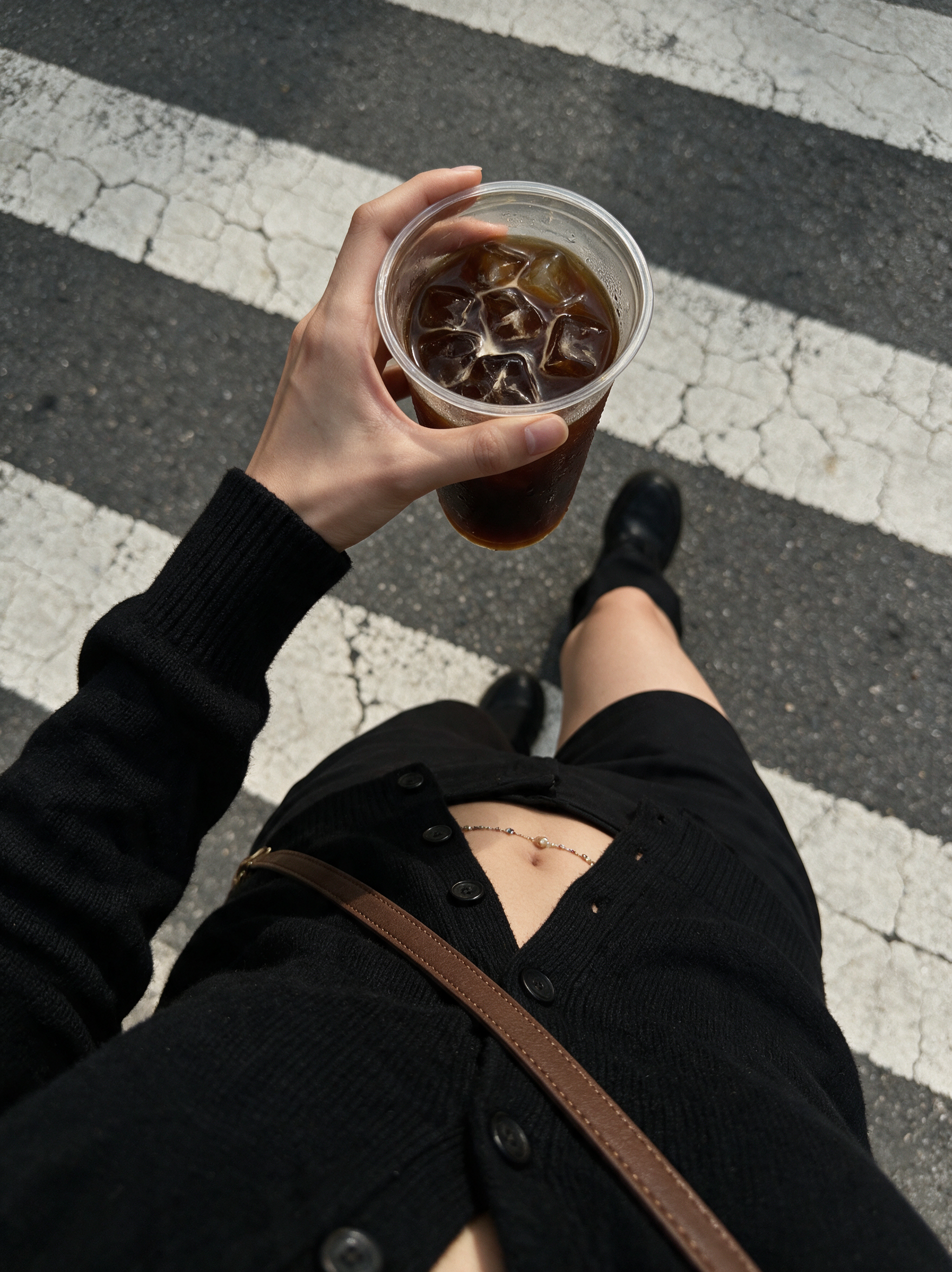 A young, slim woman dressed in a black knit cardigan and a brown crossbody strap is depicted from a direct top-down perspective, capturing her lower torso and right hand prominently in the foreground. The right hand grips a clear cup filled with iced coffee, ice cubes visible through the condensation, while a delicate belly chain peeks subtly from beneath the cardigan. She steps forward on a worn asphalt street marked by cracked white crosswalk stripes, the urban textures sharpening under muted daylight. Shadows cast naturally, emphasizing fabric weaves and the rough surface of the street. The composition conveys a dynamic walking-first-person viewpoint, with focus on tactile textures—the knit of the cardigan, smooth plastic of the cup, and gritty street details—all illuminated softly to evoke an authentic city atmosphere.