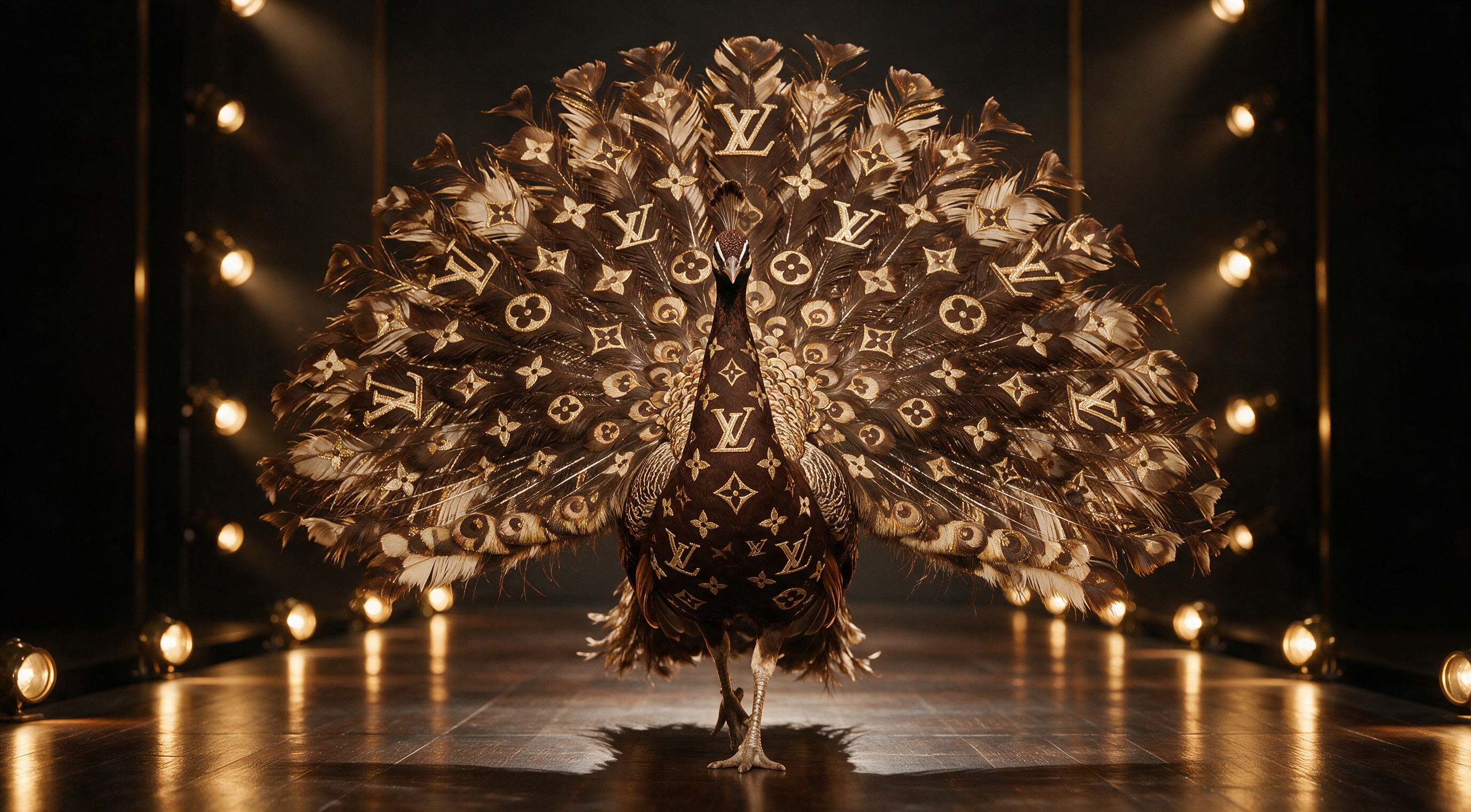 A full-body portrait of a peacock strutting down a luxury fashion runway, its plumage styled in Louis Vuitton monogram patterns. Feathers shimmer in deep chocolate brown, beige, and gold, arranged in symmetric elegance with subtle classic motifs. The atmosphere is regal and minimal, with the bird centered against a dark background and softly lit by warm directional lighting. High fashion meets animal grace.