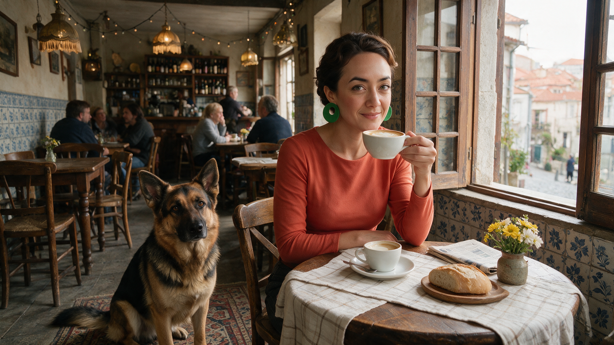she is drinking coffee in a cafe in Porto. A german shepherd is sitting next to her
