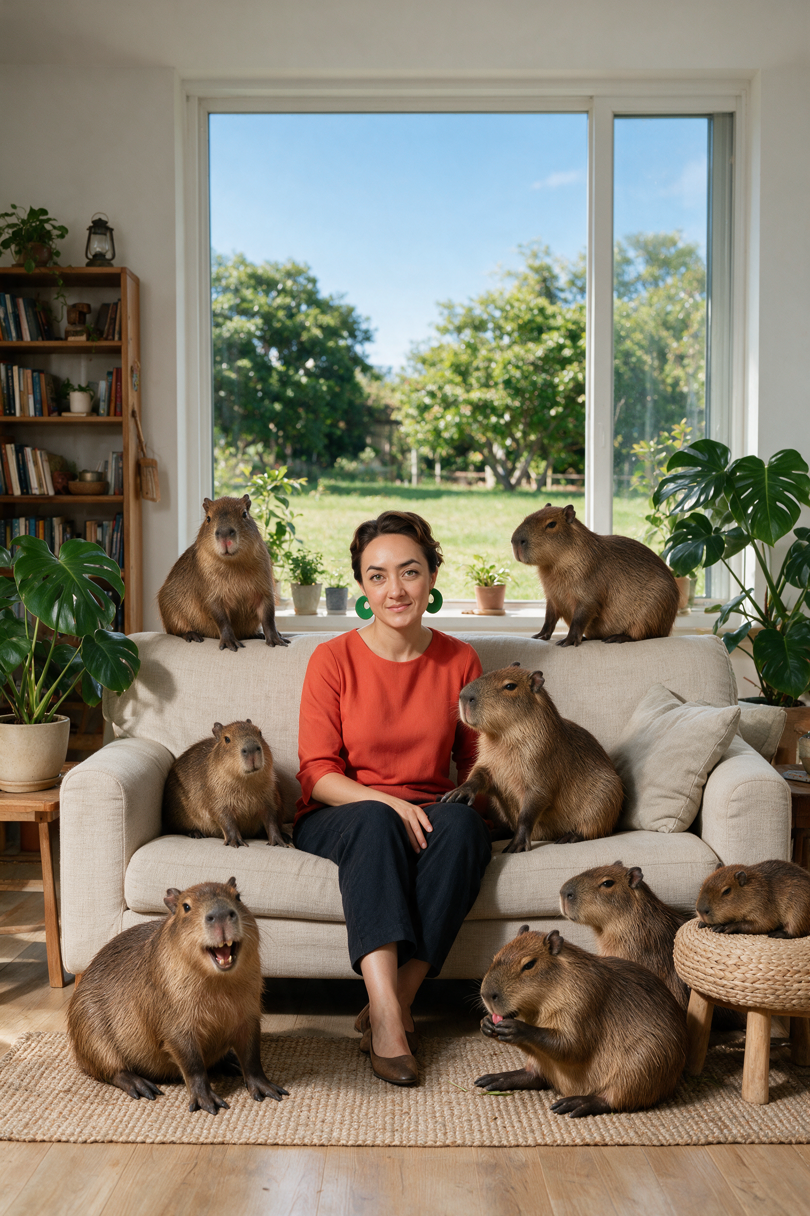 a photo of the woman in a room surrounded with capybaras