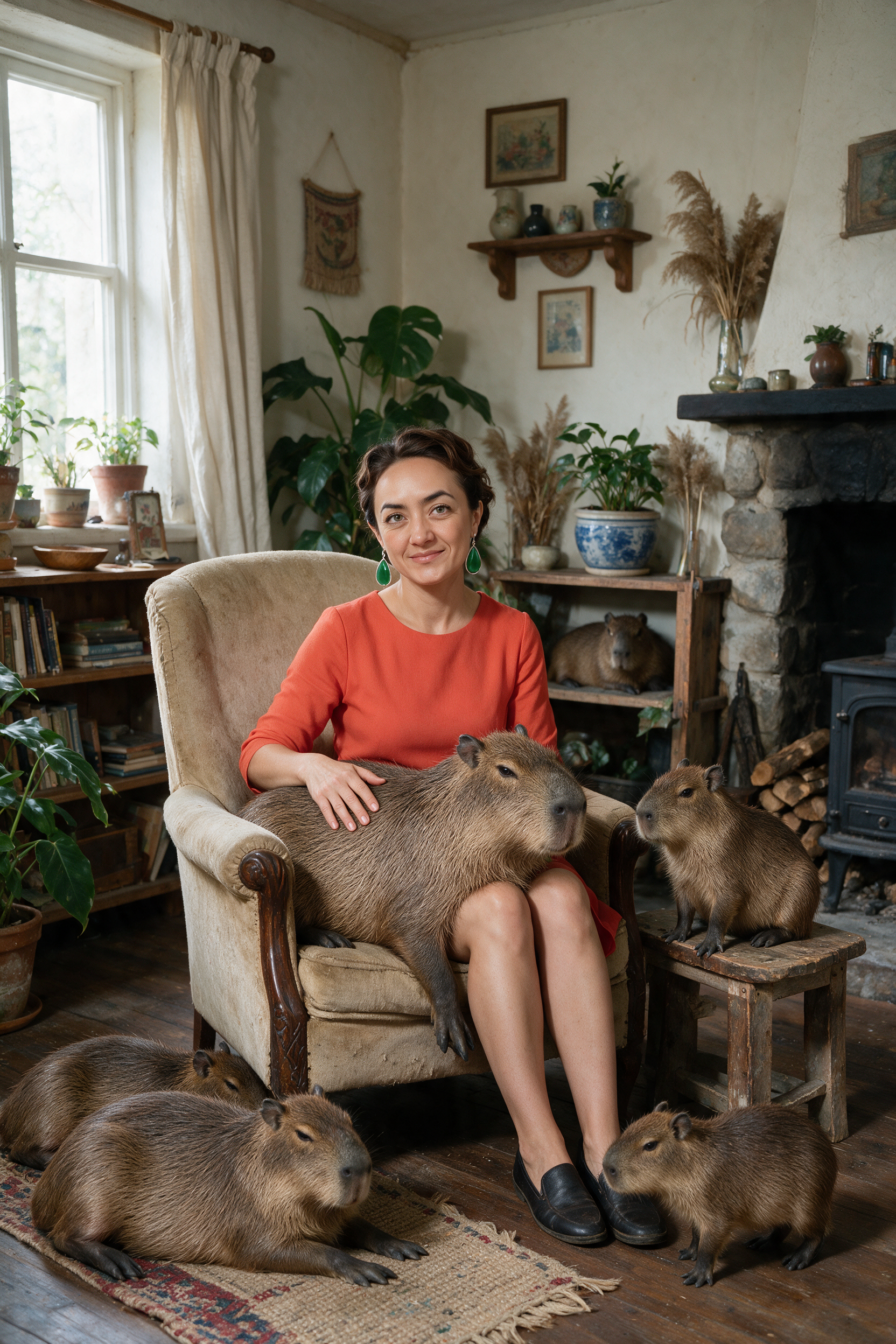 a photo of the woman in a room surrounded with capybaras