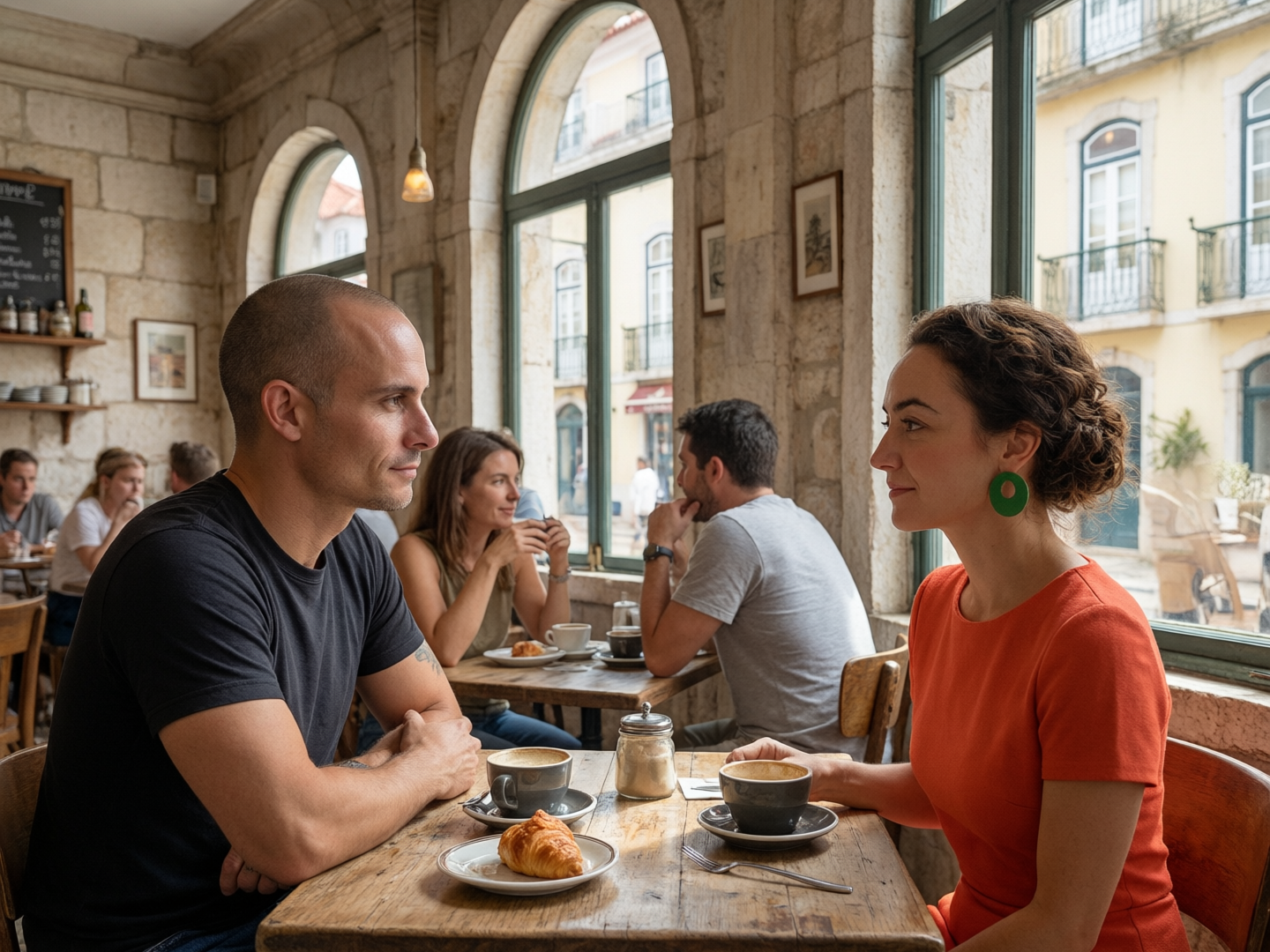 Brian and Pamela in a cafe in Lisbon