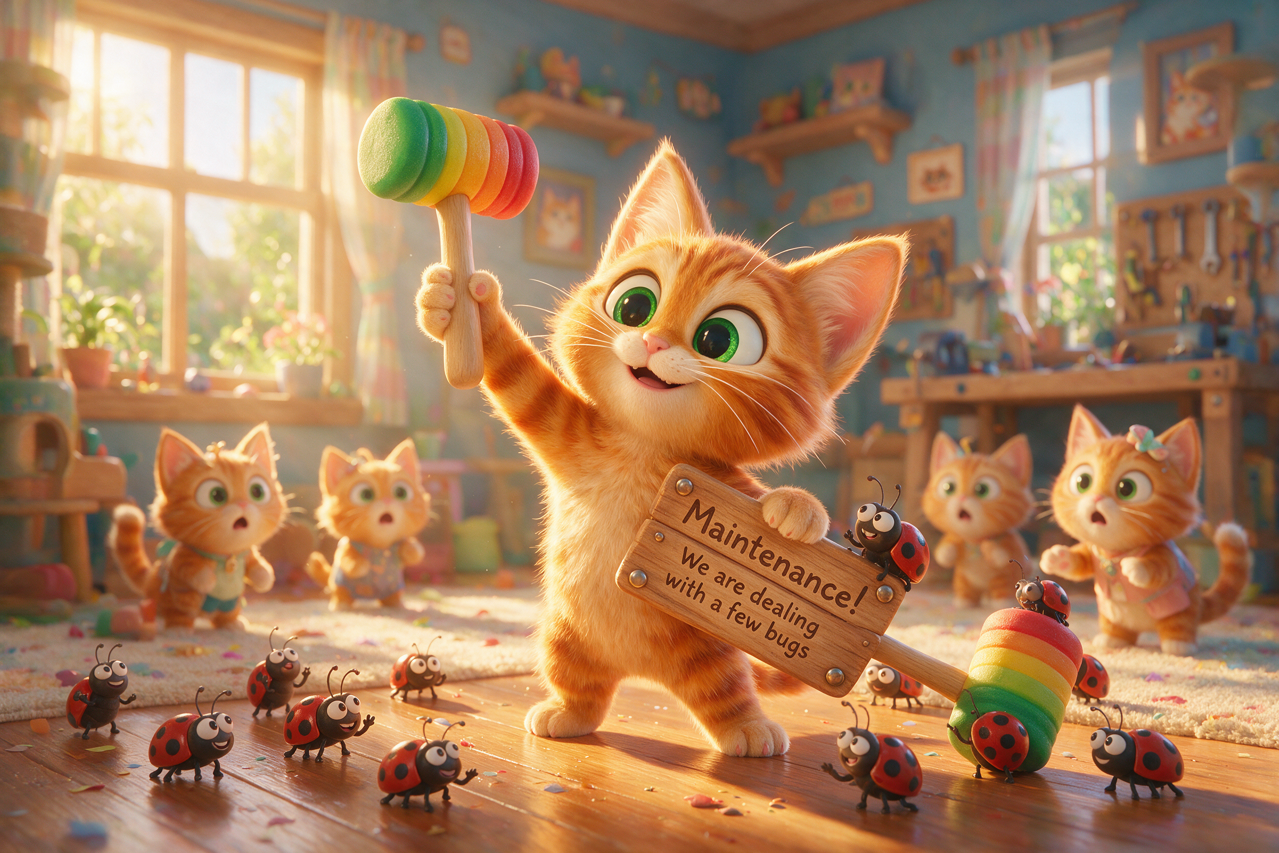A ridiculously adorable fluffy orange tabby kitten with enormous sparkling emerald-green eyes, soft striped fur, tiny pink toe beans, twitching whiskers, and oversized expressive ears stands proudly on its hind legs like a tiny maintenance engineer. The kitten beams with an excited "I've got everything under control!" smile while proudly raising an oversized colorful toy squeaky mallet with a smooth wooden handle and rainbow-striped rubber head (green, yellow, orange, red).

In the other paw the kitten proudly displays a handcrafted wooden maintenance sign with polished metal rivets that clearly reads:

"Maintenance!
We are dealing with a few bugs"

All around the kitten, dozens of tiny cartoon ladybug-like software bugs with glossy eyes, silly smiles, wiggly antennae, and tiny legs scatter across a polished wooden floor. Some bugs look nervous, some are laughing, one is hiding behind the sign, another is climbing onto the toy hammer, and another is pretending to surrender with tiny raised legs.

Several equally adorable orange kittens watch in amazement from the softly blurred background, wearing expressions ranging from shock to excitement as if witnessing their tiny hero preparing to save the day.

The room is warm, cozy, colorful, and filled with sunlight pouring through large windows. Soft blue walls, floating wooden shelves, framed kitten artwork, colorful toys, scattered confetti, tiny paw prints, and subtle workshop decorations create the atmosphere of a cheerful children's playroom mixed with a whimsical repair shop.

Soft golden morning sunlight streams through the windows, producing gentle volumetric light rays, realistic global illumination, fluffy fur highlights, beautiful rim lighting, and warm cinematic shadows. Every strand of fur is individually detailed, every reflection is crisp, and every character radiates warmth and personality.

Pixar-quality stylized 3D animation, Disney-inspired character design, ultra expressive faces, whimsical storytelling, cinematic composition, masterpiece, best quality, ultra detailed, ray-traced lighting, physically based rendering, shallow depth of field, vibrant pastel colors, soft bokeh, joyful atmosphere, incredibly cute, heartwarming, humorous, professional animated feature film quality, 8K.