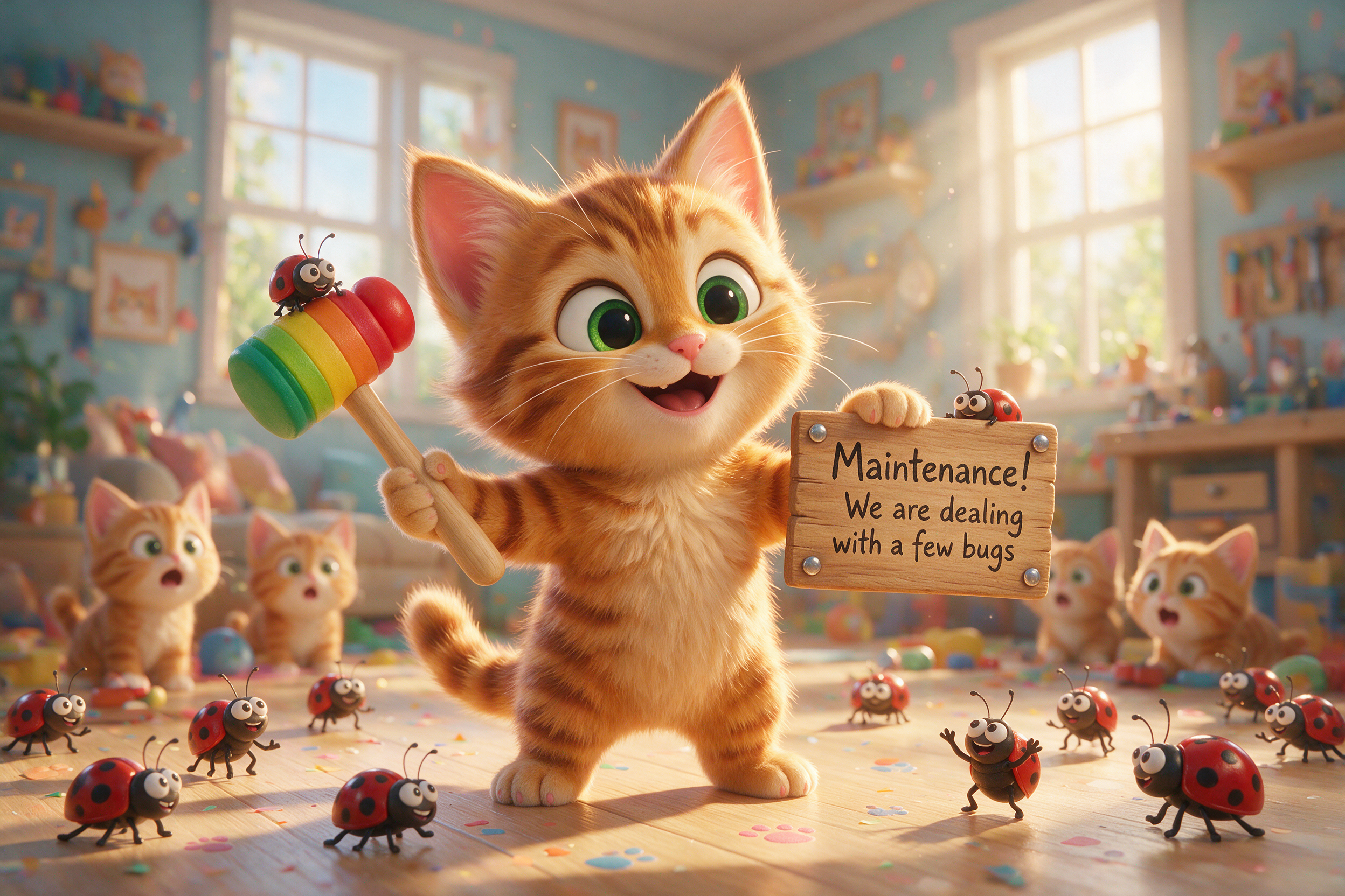 A ridiculously adorable fluffy orange tabby kitten with enormous sparkling emerald-green eyes, soft striped fur, tiny pink toe beans, twitching whiskers, and oversized expressive ears stands proudly on its hind legs like a tiny maintenance engineer. The kitten beams with an excited "I've got everything under control!" smile while proudly raising an oversized colorful toy squeaky mallet with a smooth wooden handle and rainbow-striped rubber head (green, yellow, orange, red).

In the other paw the kitten proudly displays a handcrafted wooden maintenance sign with polished metal rivets that clearly reads:

"Maintenance!
We are dealing with a few bugs"

All around the kitten, dozens of tiny cartoon ladybug-like software bugs with glossy eyes, silly smiles, wiggly antennae, and tiny legs scatter across a polished wooden floor. Some bugs look nervous, some are laughing, one is hiding behind the sign, another is climbing onto the toy hammer, and another is pretending to surrender with tiny raised legs.

Several equally adorable orange kittens watch in amazement from the softly blurred background, wearing expressions ranging from shock to excitement as if witnessing their tiny hero preparing to save the day.

The room is warm, cozy, colorful, and filled with sunlight pouring through large windows. Soft blue walls, floating wooden shelves, framed kitten artwork, colorful toys, scattered confetti, tiny paw prints, and subtle workshop decorations create the atmosphere of a cheerful children's playroom mixed with a whimsical repair shop.

Soft golden morning sunlight streams through the windows, producing gentle volumetric light rays, realistic global illumination, fluffy fur highlights, beautiful rim lighting, and warm cinematic shadows. Every strand of fur is individually detailed, every reflection is crisp, and every character radiates warmth and personality.

Pixar-quality stylized 3D animation, Disney-inspired character design, ultra expressive faces, whimsical storytelling, cinematic composition, masterpiece, best quality, ultra detailed, ray-traced lighting, physically based rendering, shallow depth of field, vibrant pastel colors, soft bokeh, joyful atmosphere, incredibly cute, heartwarming, humorous, professional animated feature film quality, 8K.
