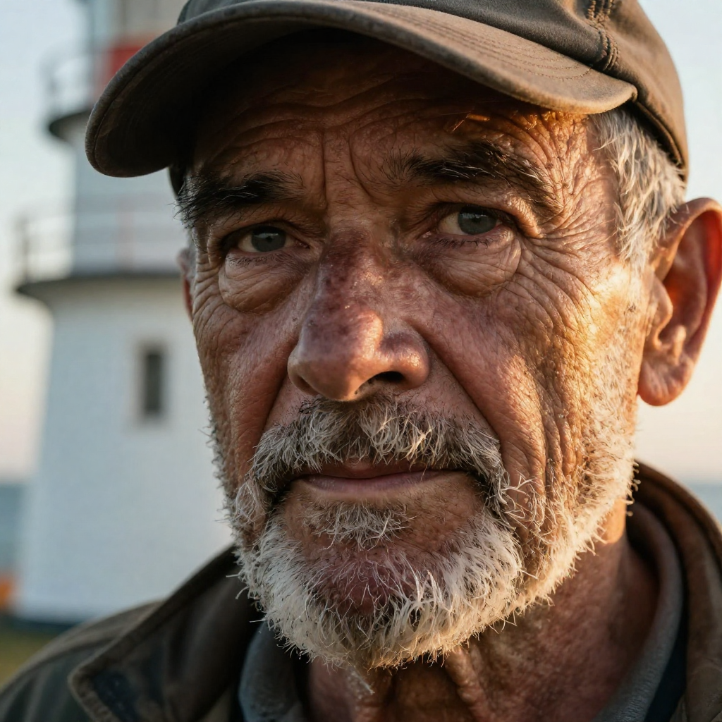 a weathered lighthouse keeper portrait in extreme close-up, every pore and wrinkle rendered, sea spray in his beard, golden hour rim light, ultra fine detail