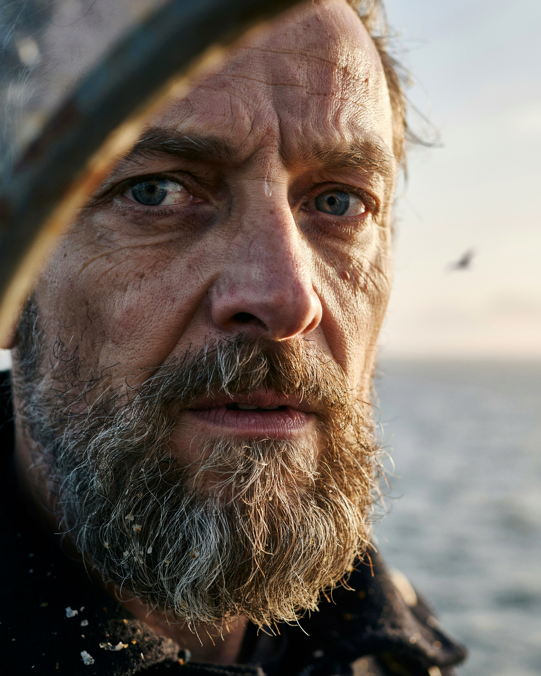 a weathered lighthouse keeper portrait in extreme close-up, every pore and wrinkle rendered, sea spray in his beard, golden hour rim light, ultra fine detail