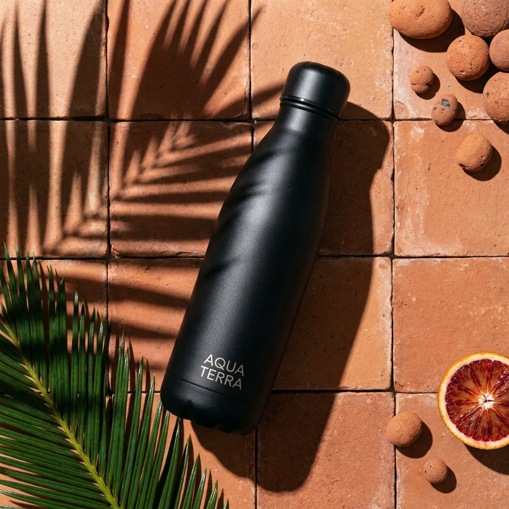 a flat-lay product hero shot of a matte black water bottle on terracotta tiles with sharp palm-leaf shadows, studio lighting, ad-ready composition