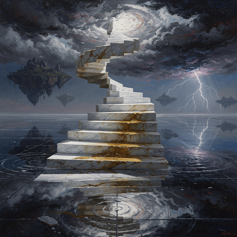 a surrealist dreamscape where a marble staircase spirals into storm clouds above a mirrored sea, oil painting texture, dramatic chiaroscuro