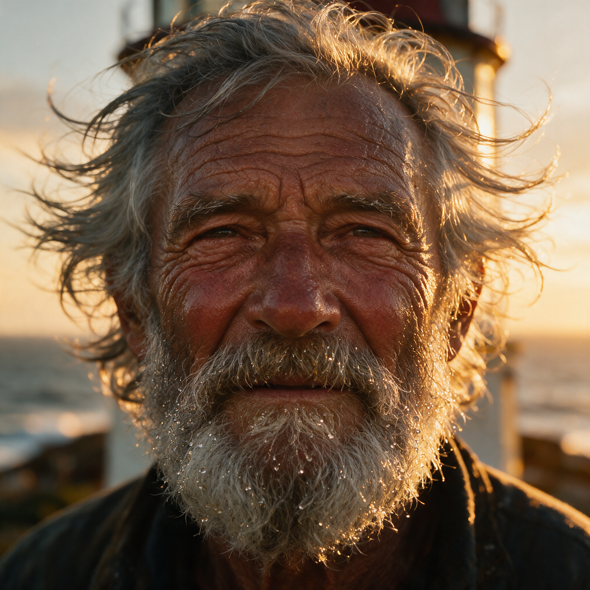a weathered lighthouse keeper portrait in extreme close-up, every pore and wrinkle rendered, sea spray in his beard, golden hour rim light, ultra fine detail