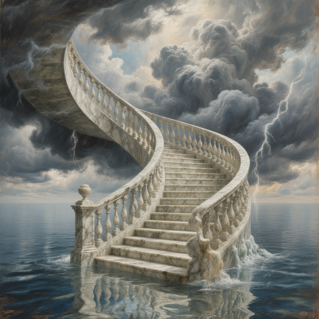 a surrealist dreamscape where a marble staircase spirals into storm clouds above a mirrored sea, oil painting texture, dramatic chiaroscuro