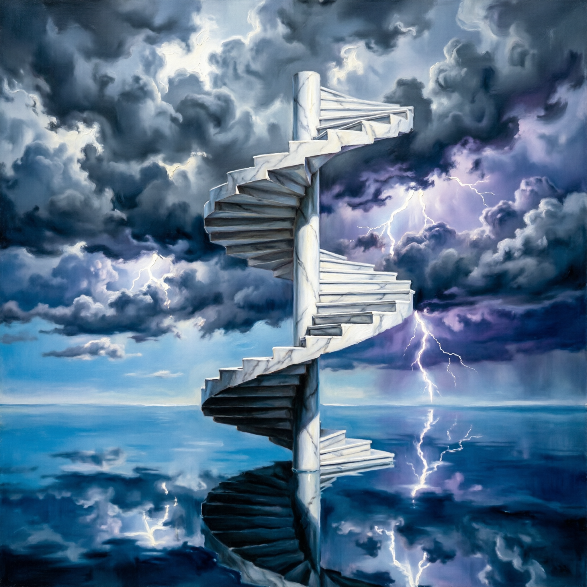 a surrealist dreamscape where a marble staircase spirals into storm clouds above a mirrored sea, oil painting texture, dramatic chiaroscuro