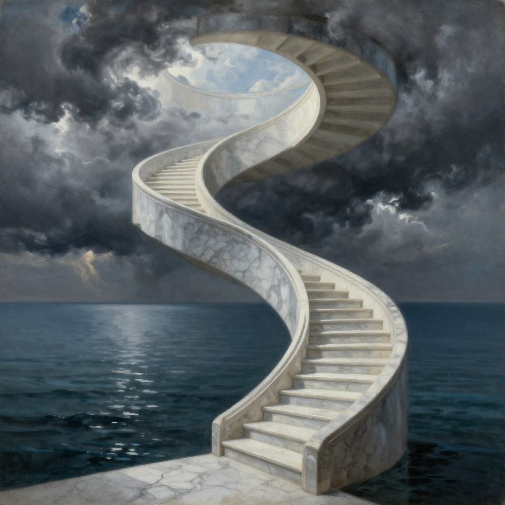 a surrealist dreamscape where a marble staircase spirals into storm clouds above a mirrored sea, oil painting texture, dramatic chiaroscuro