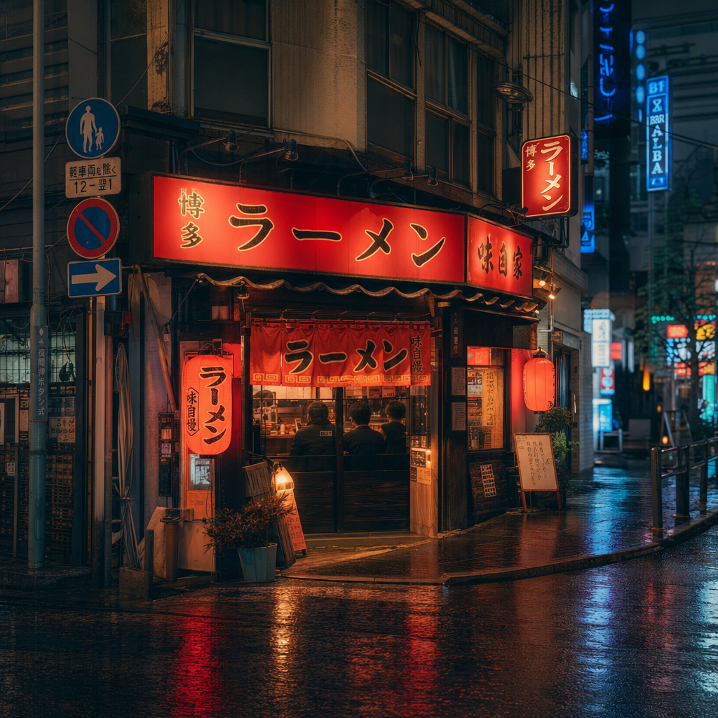 a cozy ramen shop on a rainy neon-lit street corner at night, cinematic photography, reflections on wet pavement