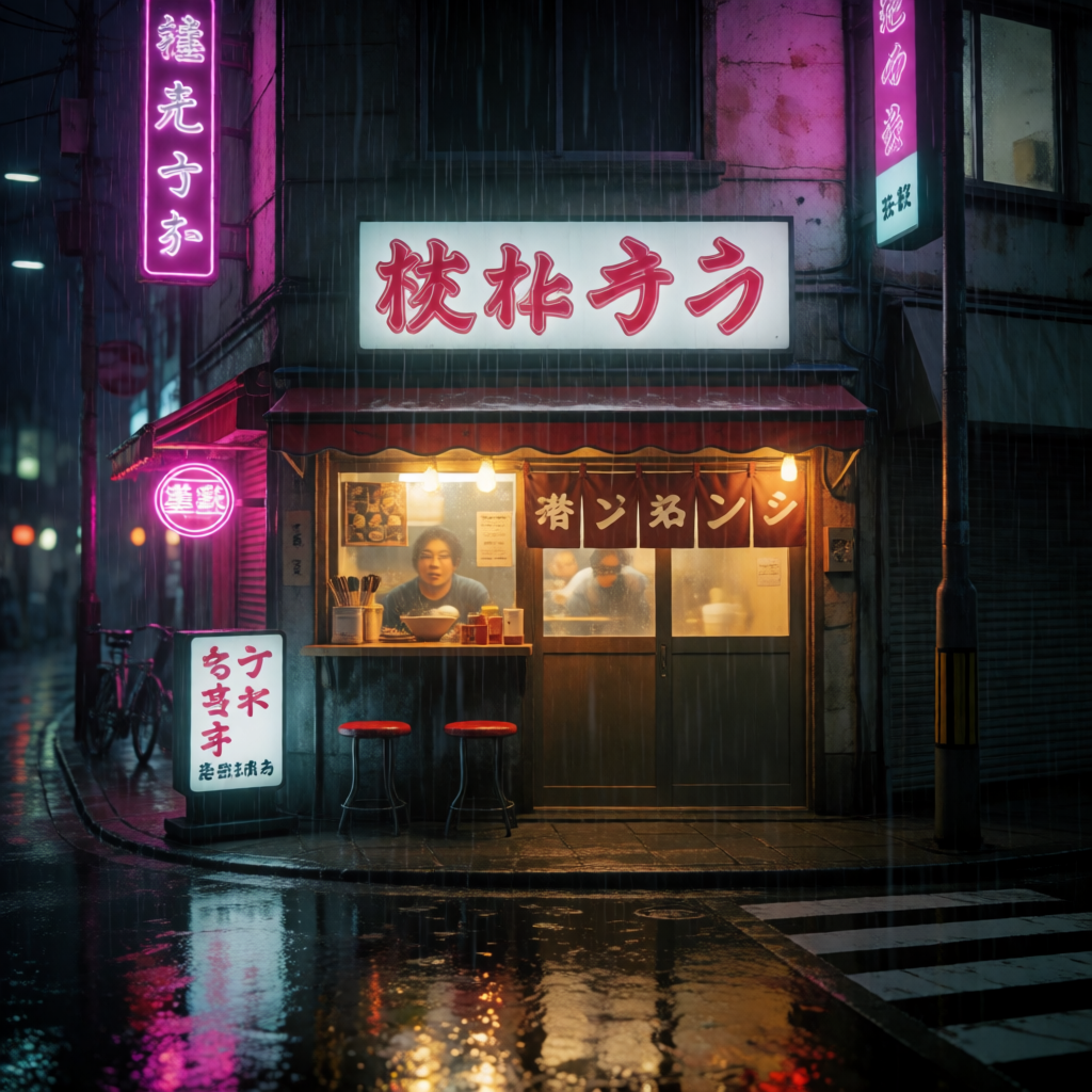 a cozy ramen shop on a rainy neon-lit street corner at night, cinematic photography, reflections on wet pavement