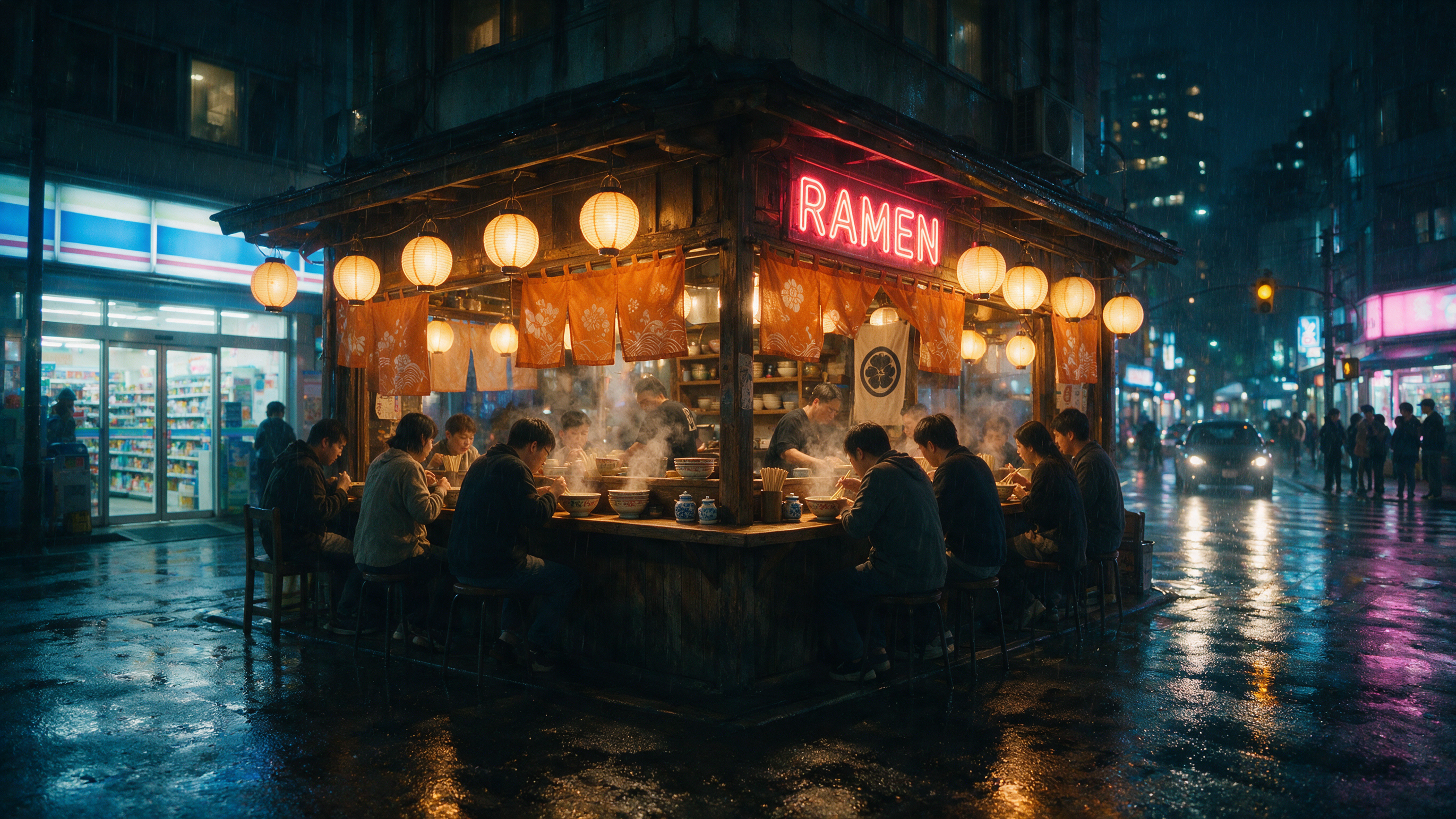 a cozy ramen shop on a rainy neon-lit street corner at night, cinematic photography, reflections on wet pavement