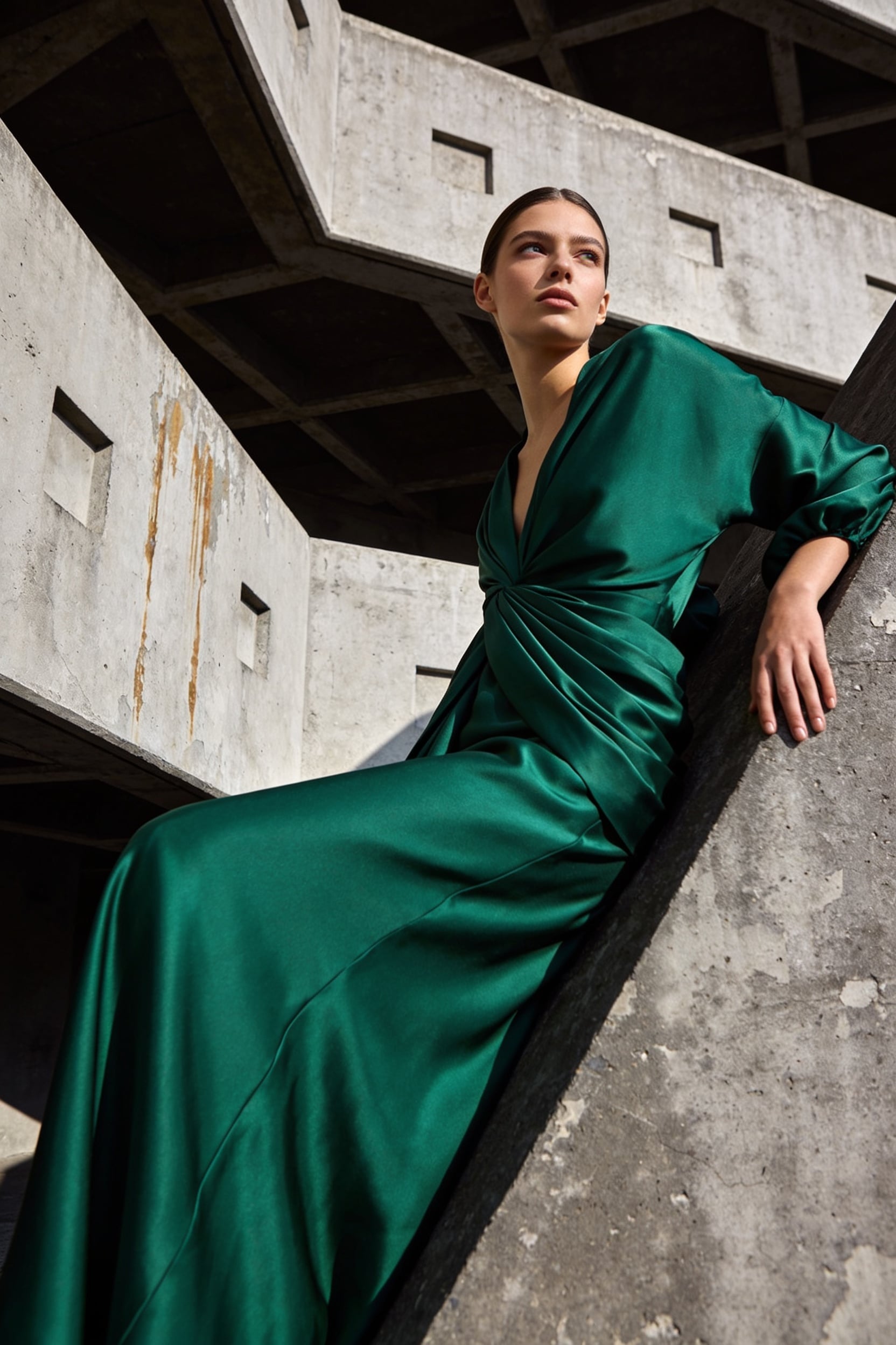a fashion editorial portrait of a model in an emerald silk dress against brutalist concrete architecture, magazine cover quality