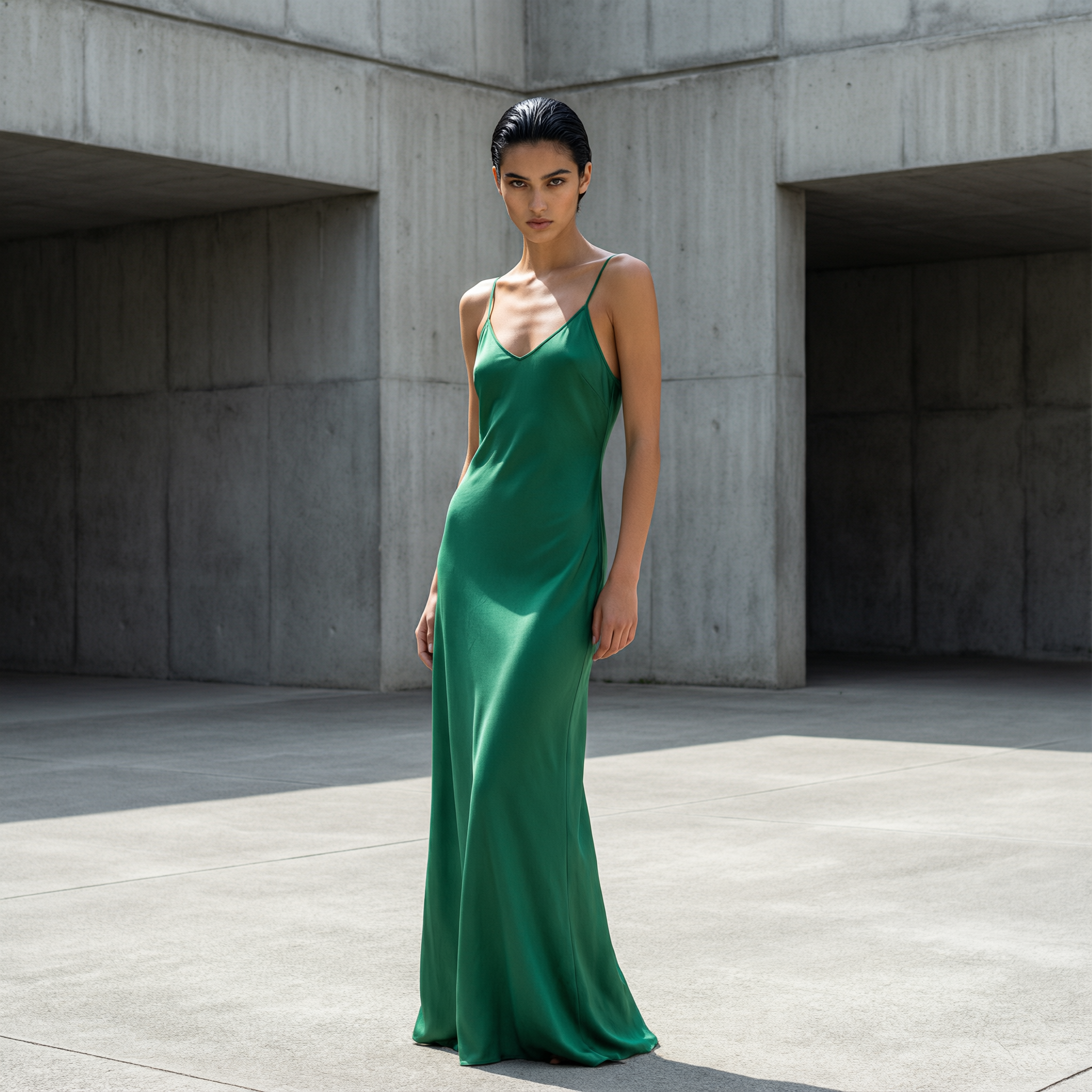 a fashion editorial portrait of a model in an emerald silk dress against brutalist concrete architecture, magazine cover quality