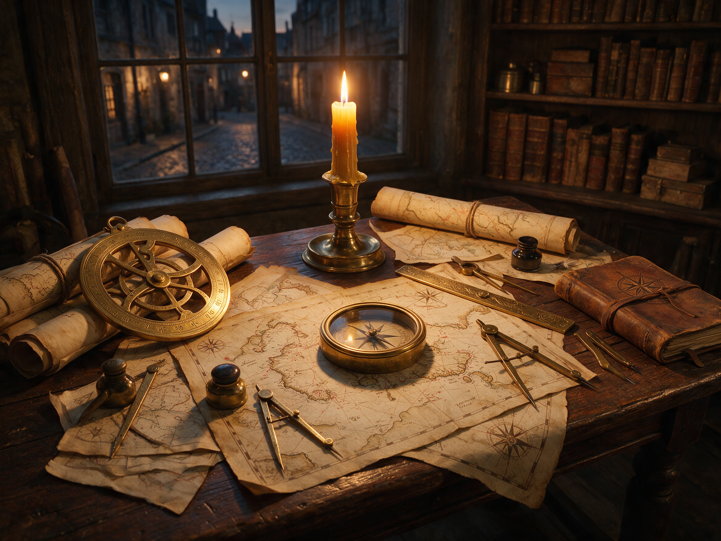 an antique cartographer desk covered in brass instruments and candlelit maps, photorealistic still life, warm tones