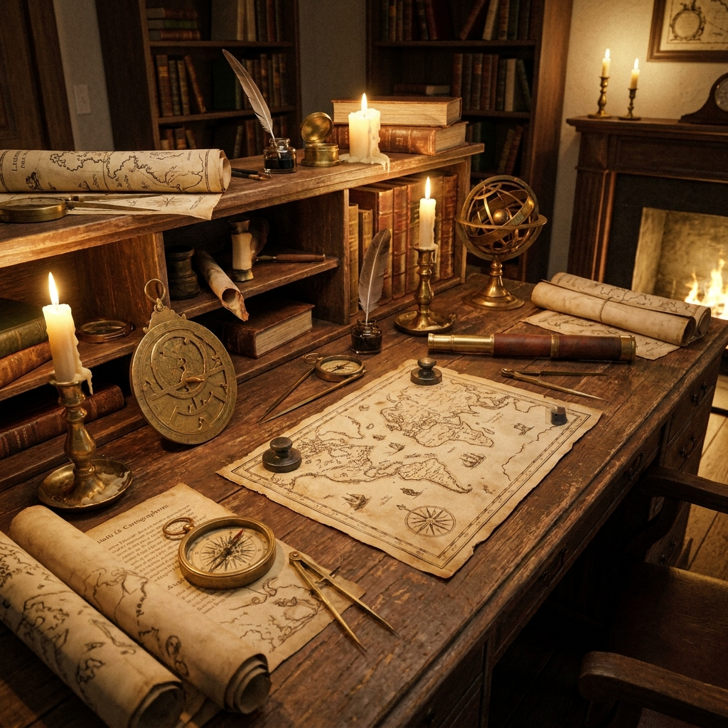 an antique cartographer desk covered in brass instruments and candlelit maps, photorealistic still life, warm tones